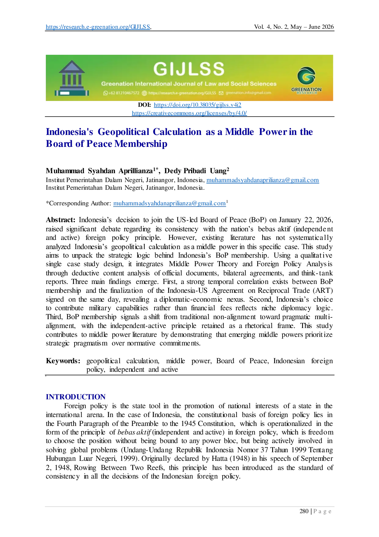 JURIS Indonesia s Geopolitical Calculation as a Middle Power in the Board of Peace Membership
