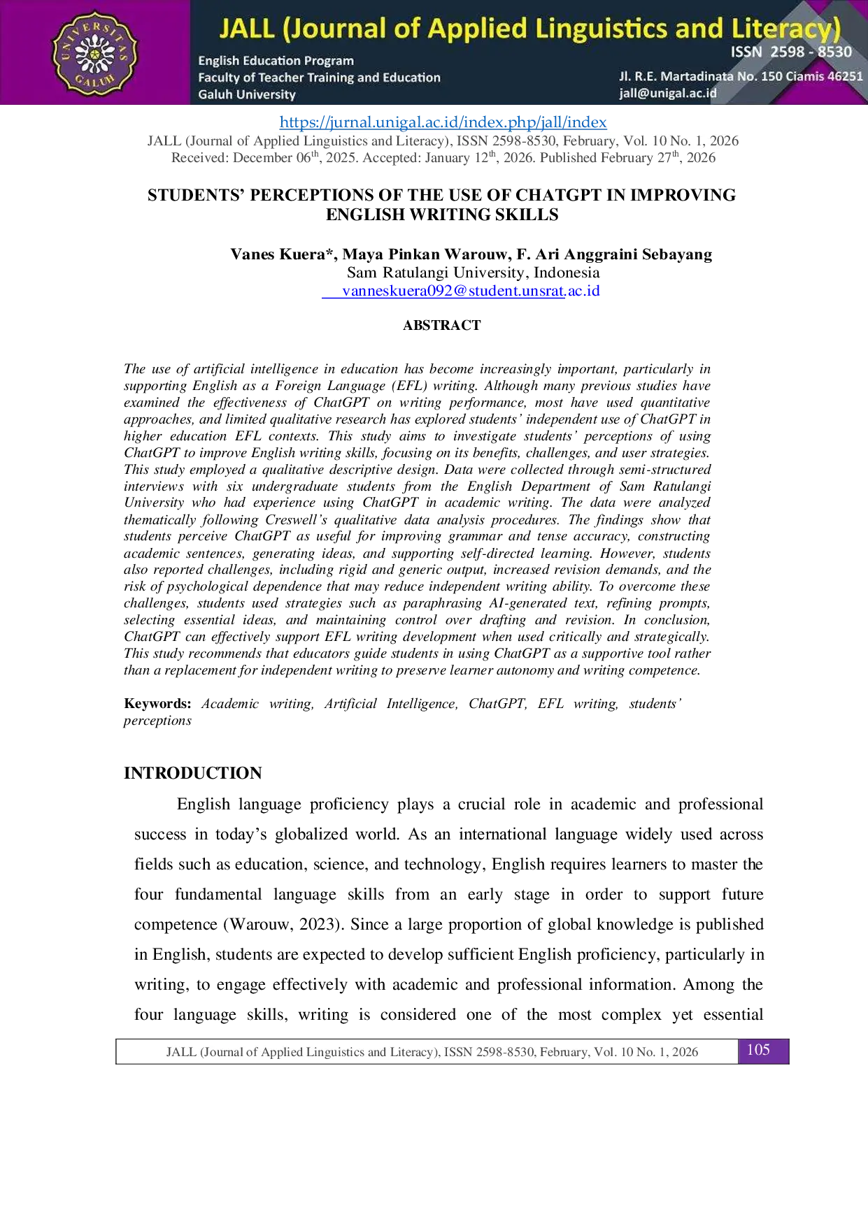 JURIS Students Perceptions of the Use of ChatGPT in Improving English Writing Skills