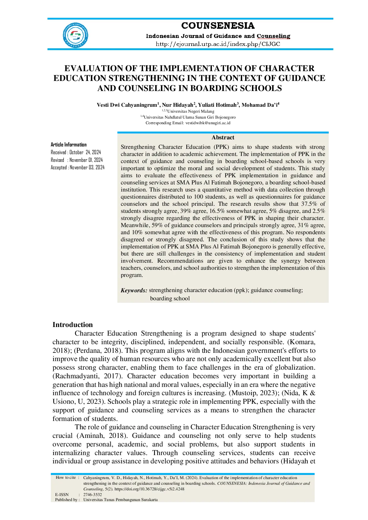 JURIS Evaluation of the Implementation of Character Education Strengthening in the Context of Guidance and Counseling in Boarding Schools
