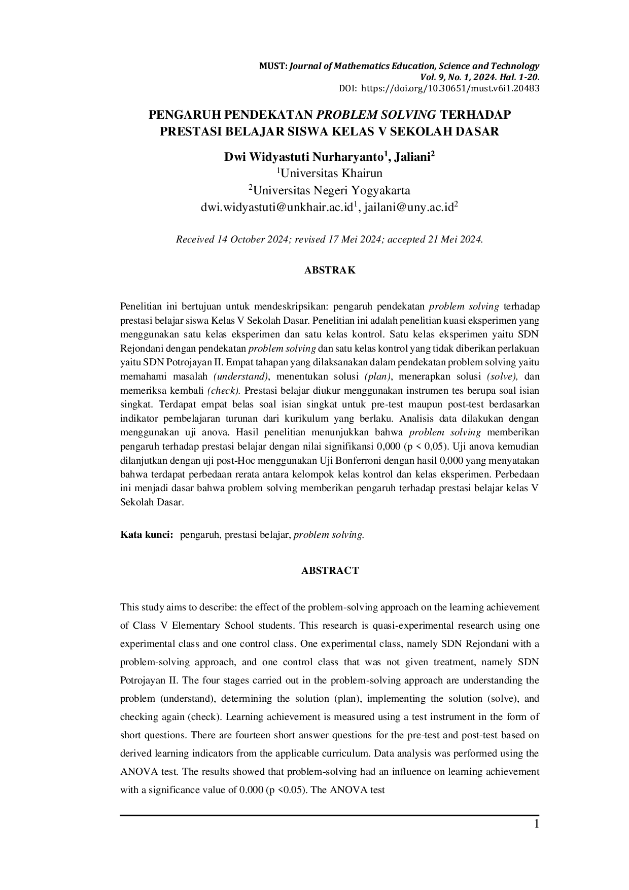 JURIS Pengaruh Pendekatan Problem Solving Terhadap Prestasi Belajar Siswa Kelas V Sekolah Dasar