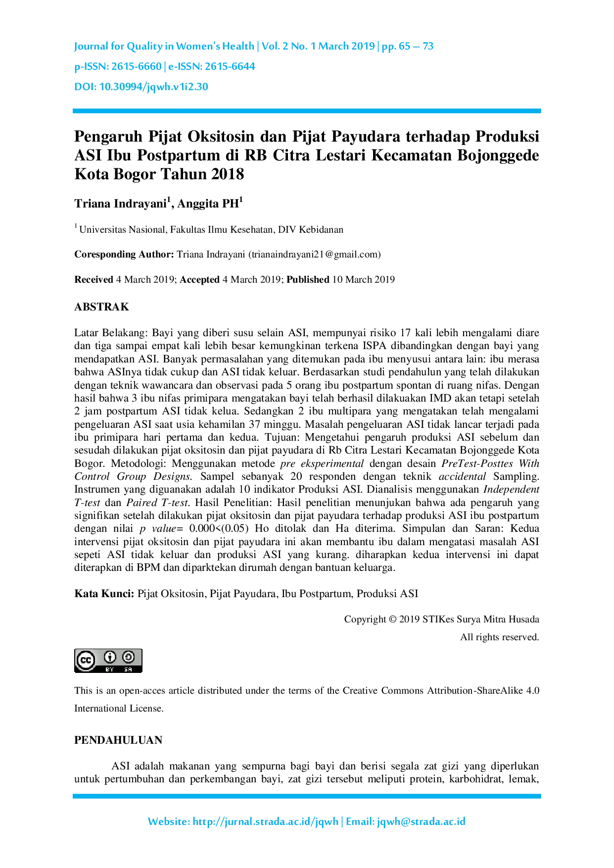 JURIS Pengaruh Pijat Oksitosin dan Pijat Payudara terhadap Produksi ASI Ibu Postpartum di RB Citra Lestari Kecamatan Bojonggede Kota Bogor Tahun 2018