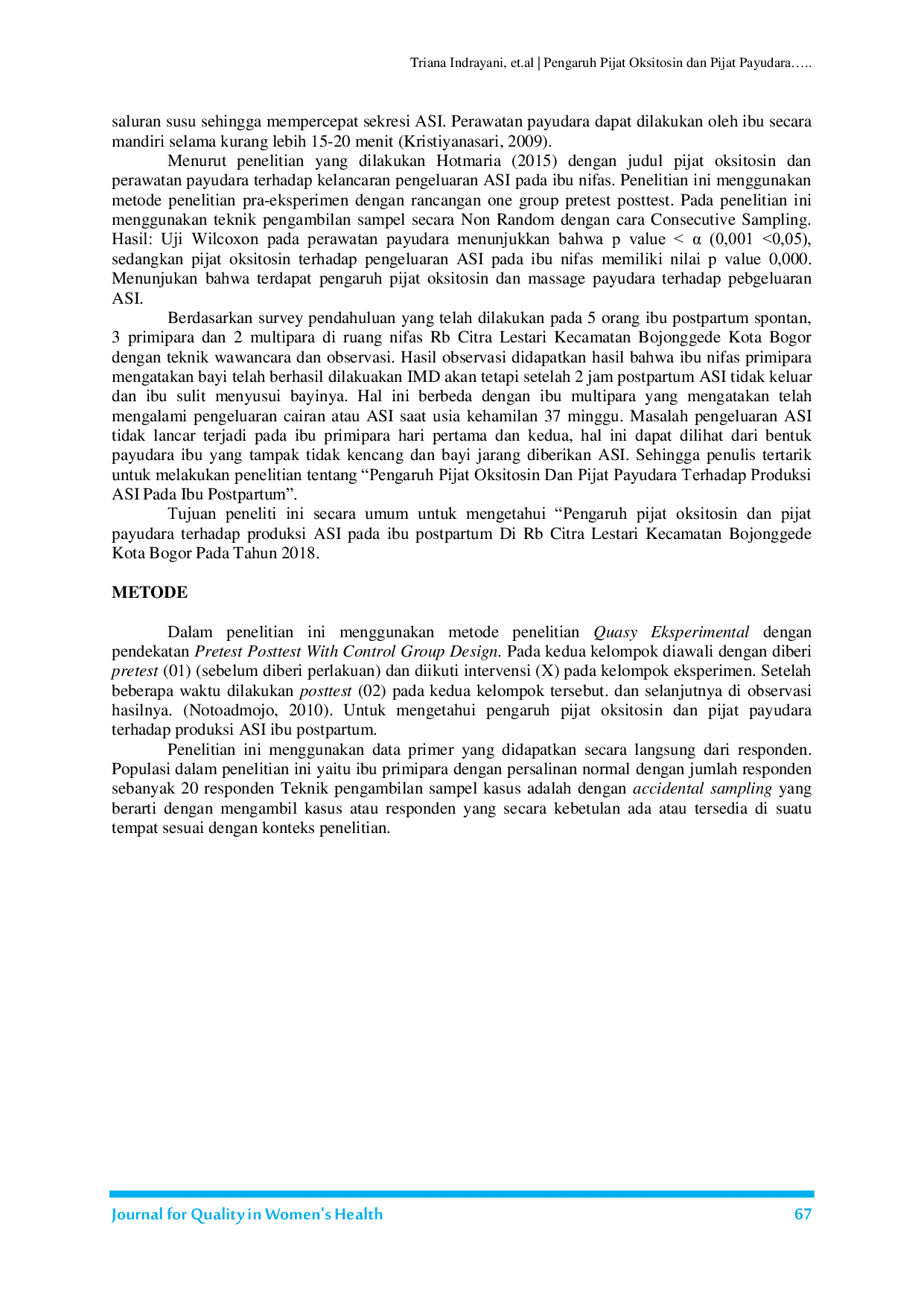 JURIS Pengaruh Pijat Oksitosin dan Pijat Payudara terhadap Produksi ASI Ibu Postpartum di RB Citra Lestari Kecamatan Bojonggede Kota Bogor Tahun 2018