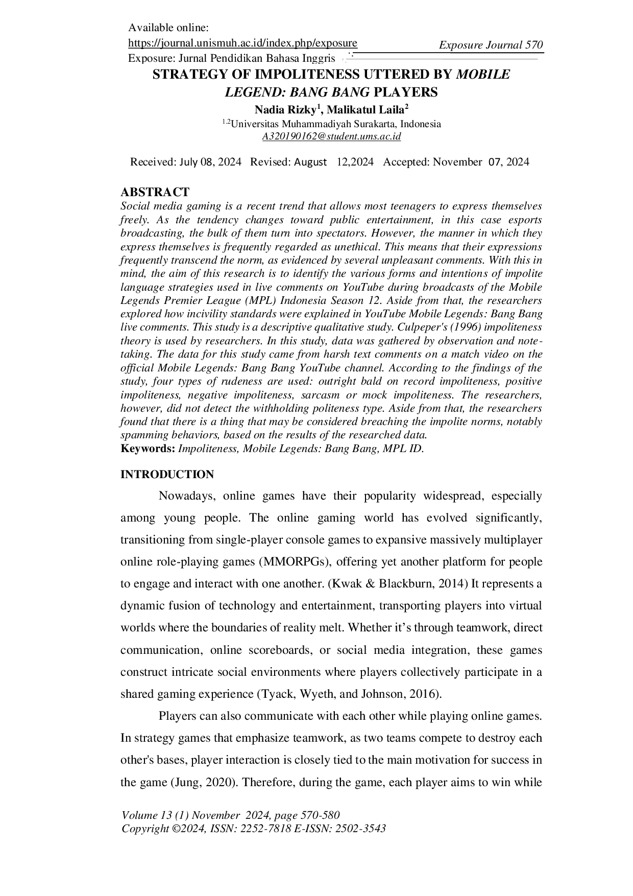 JURIS Strategy of Impoliteness Uttered by Mobile Legend Bang Bang Players