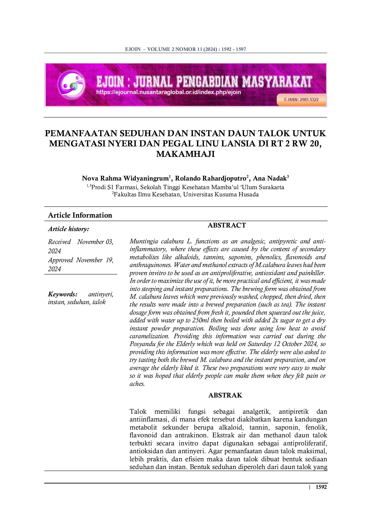 JURIS Pemanfaatan Seduhan Dan Instan Daun Talok Untuk Mengatasi Nyeri Dan Pegal Linu Lansia Di Rt 2 Rw 20 Makamhaji