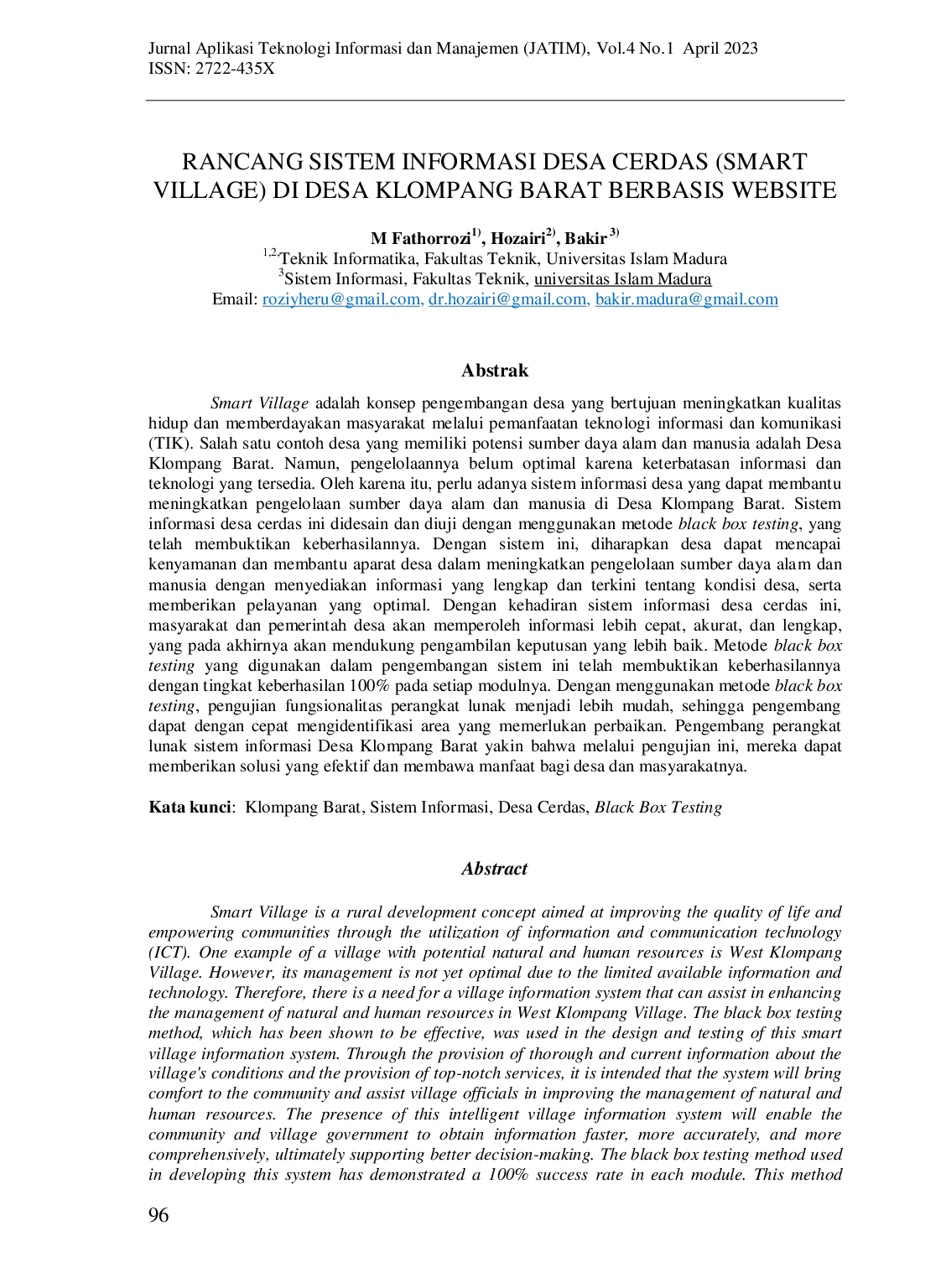 JURIS Rancang Sistem Informasi Desa Cerdas Smart Village di Desa Klompang Barat Berbasis Website