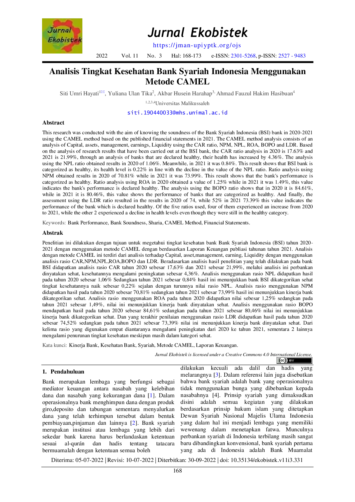 JURIS Analisis Tingkat Kesehatan Bank Syariah Indonesia Menggunakan Metode CAMEL Tahun 2020 2021