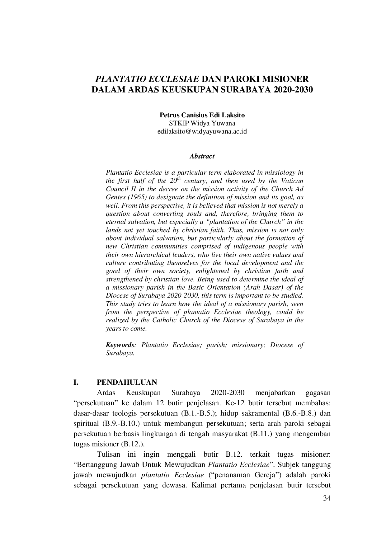 JURIS Plantatio Ecclesiae Dan Paroki Misioner Dalam Ardas Keuskupan Surabaya 2020 2030