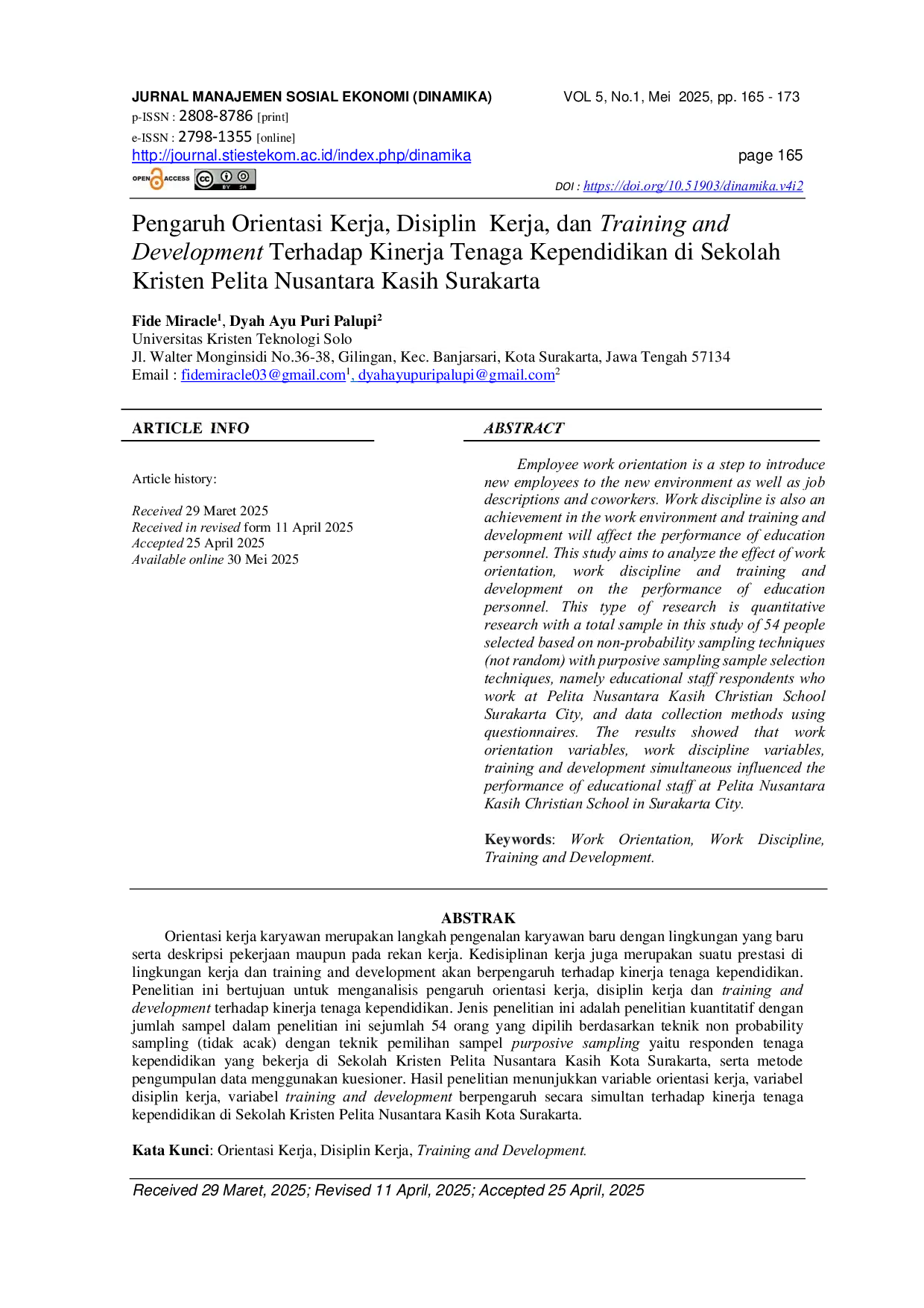 JURIS Pengaruh Orientasi Kerja Disiplin Kerja Dan Training And Development Terhadap Kinerja Tenaga Kependidikan Di Sekolah Kristen Pelita Nusantara Kasih Surakarta