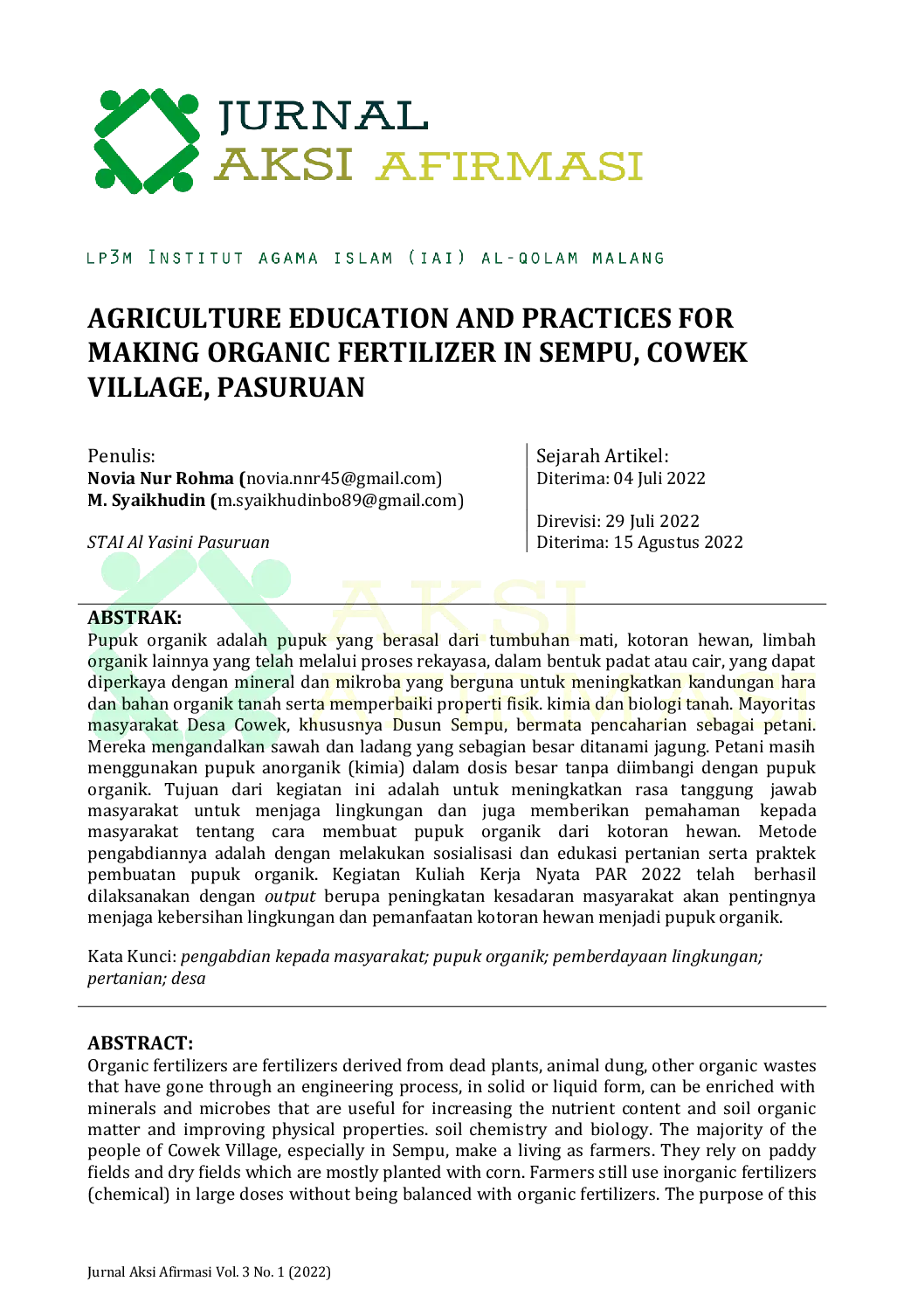 JURIS Agricultural Education and Practices for Making Organic Fertilizer in Sempu Cowek Village Purwodadi Pasuruan