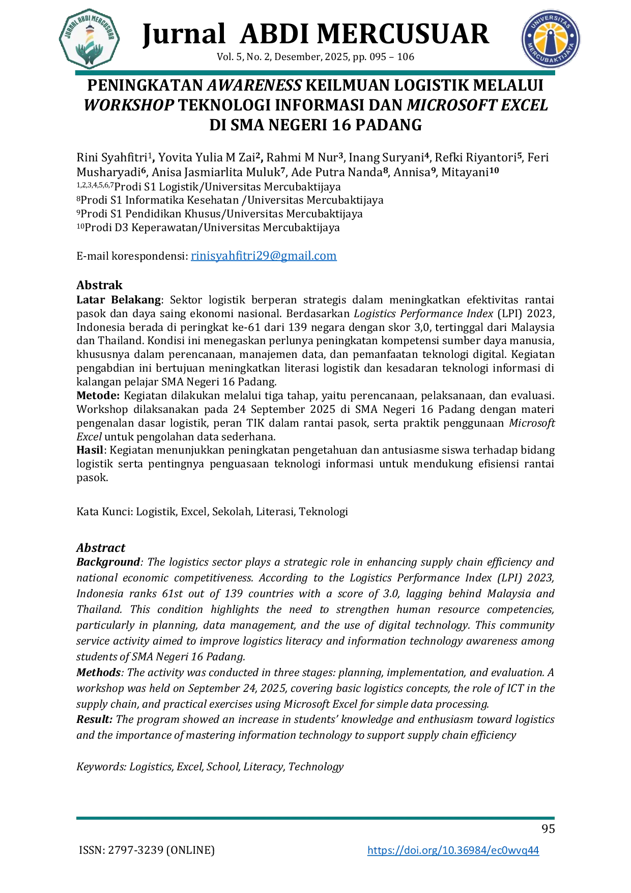 JURIS Peningkatan Awareness Keilmuan Logistik Melalui Workshop Teknologi Informasi dan Microsoft Excel di SMA Negeri 16 Padang