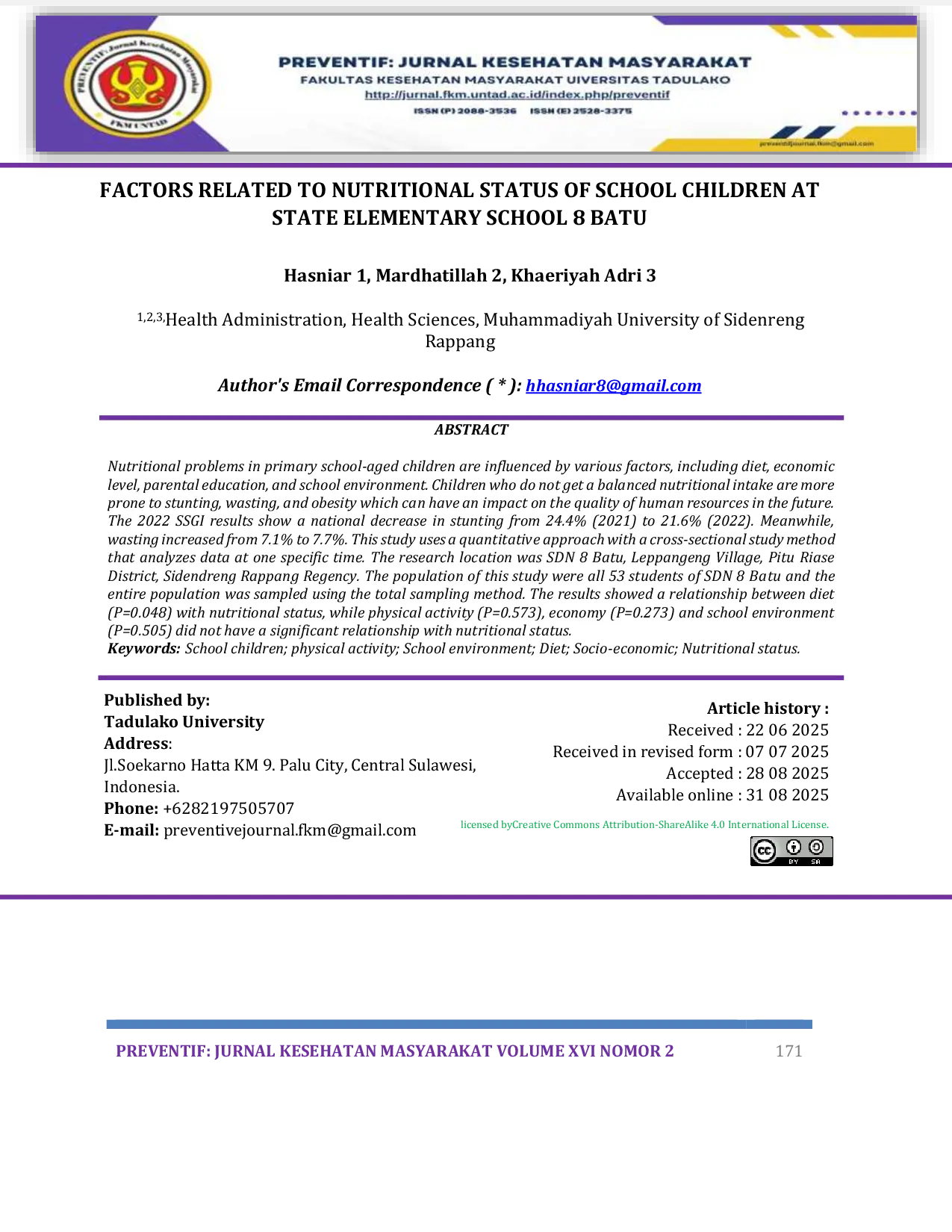 JURIS FACTORS RELATED TO NUTRITIONAL STATUS OF SCHOOL CHILDREN AT STATE ELEMENTARY SCHOOL 8 BATU