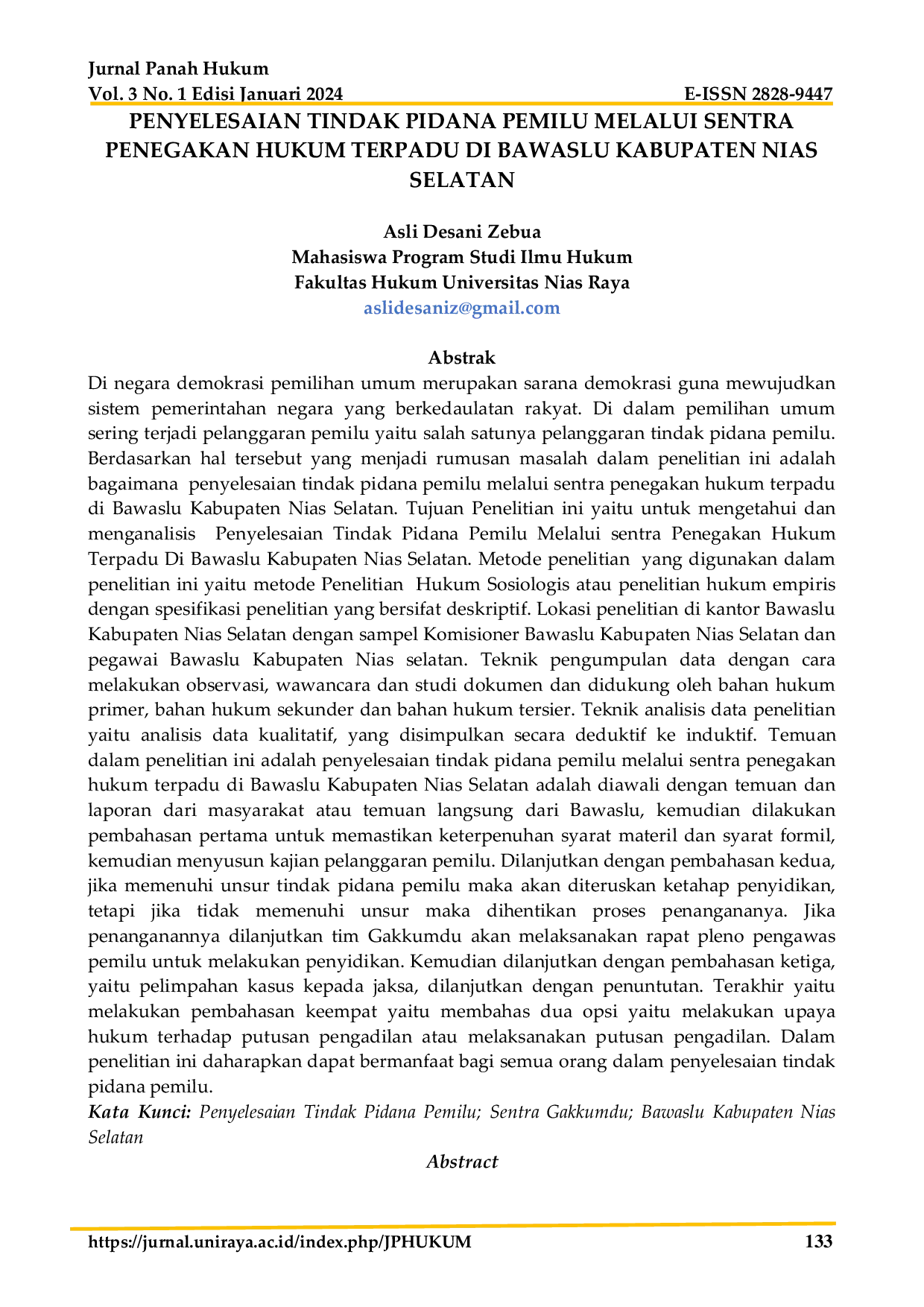 JURIS Penyelesaian Tindak Pidana Pemilu Melalui Sentra Penegakan Hukum Terpadu Di Bawaslu Kabupaten Nias Selatan