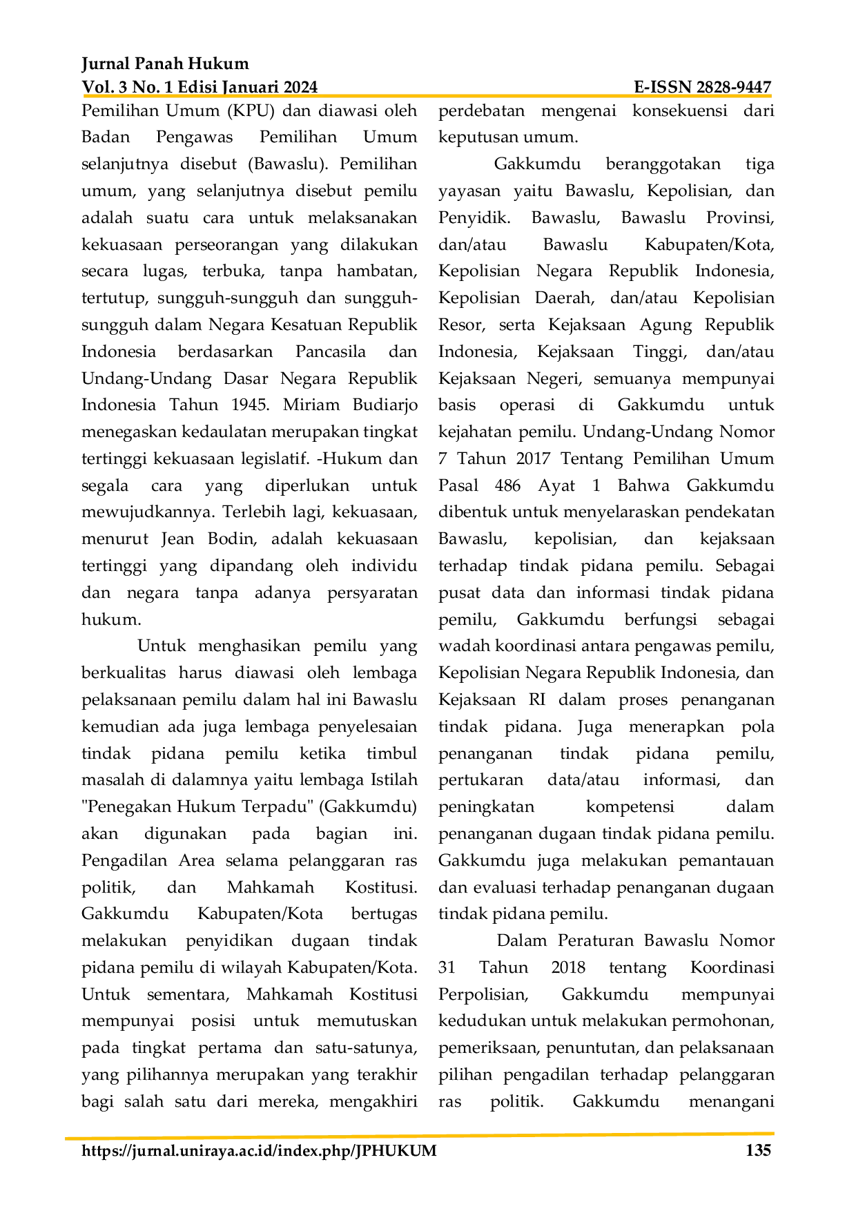 JURIS Penyelesaian Tindak Pidana Pemilu Melalui Sentra Penegakan Hukum Terpadu Di Bawaslu Kabupaten Nias Selatan