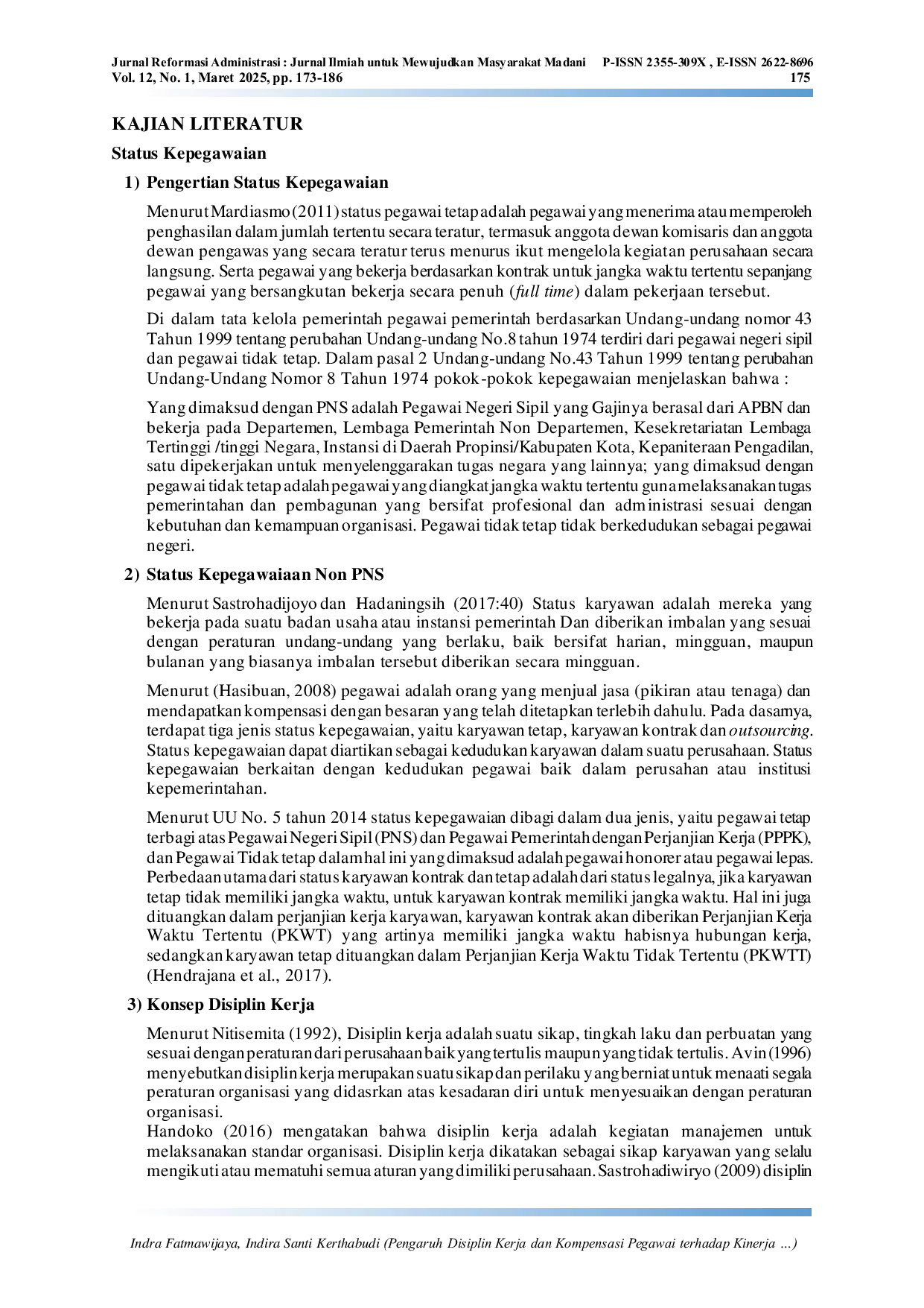 JURIS Pengaruh Disiplin Kerja dan Kompensasi Pegawai terhadap Kinerja Pegawai Honorer di Direktorat Jenderal Kependudukan dan Pencatatan Sipil Kementerian Dalam Negeri