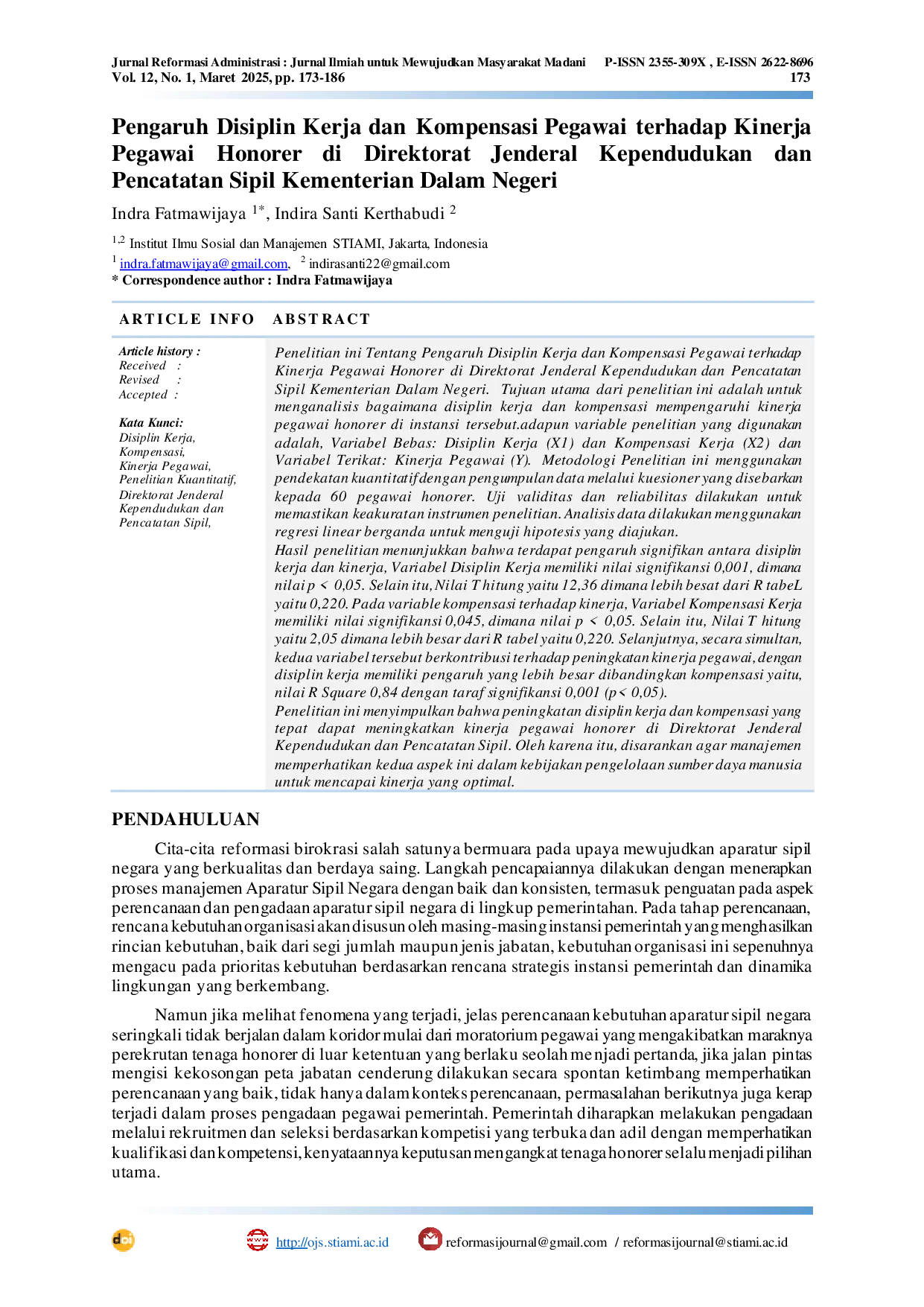 JURIS Pengaruh Disiplin Kerja dan Kompensasi Pegawai terhadap Kinerja Pegawai Honorer di Direktorat Jenderal Kependudukan dan Pencatatan Sipil Kementerian Dalam Negeri