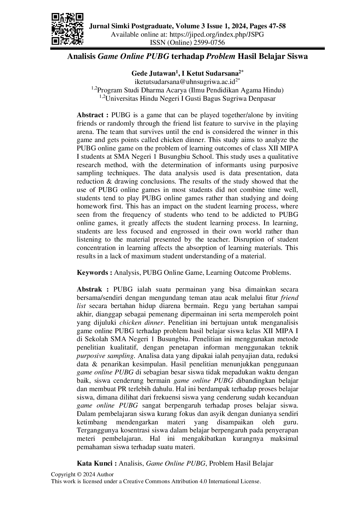 JURIS Analisis Game Online PUBG terhadap Problem Hasil Belajar Siswa