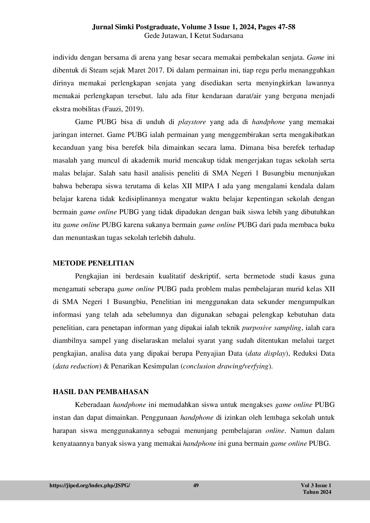 JURIS Analisis Game Online PUBG terhadap Problem Hasil Belajar Siswa