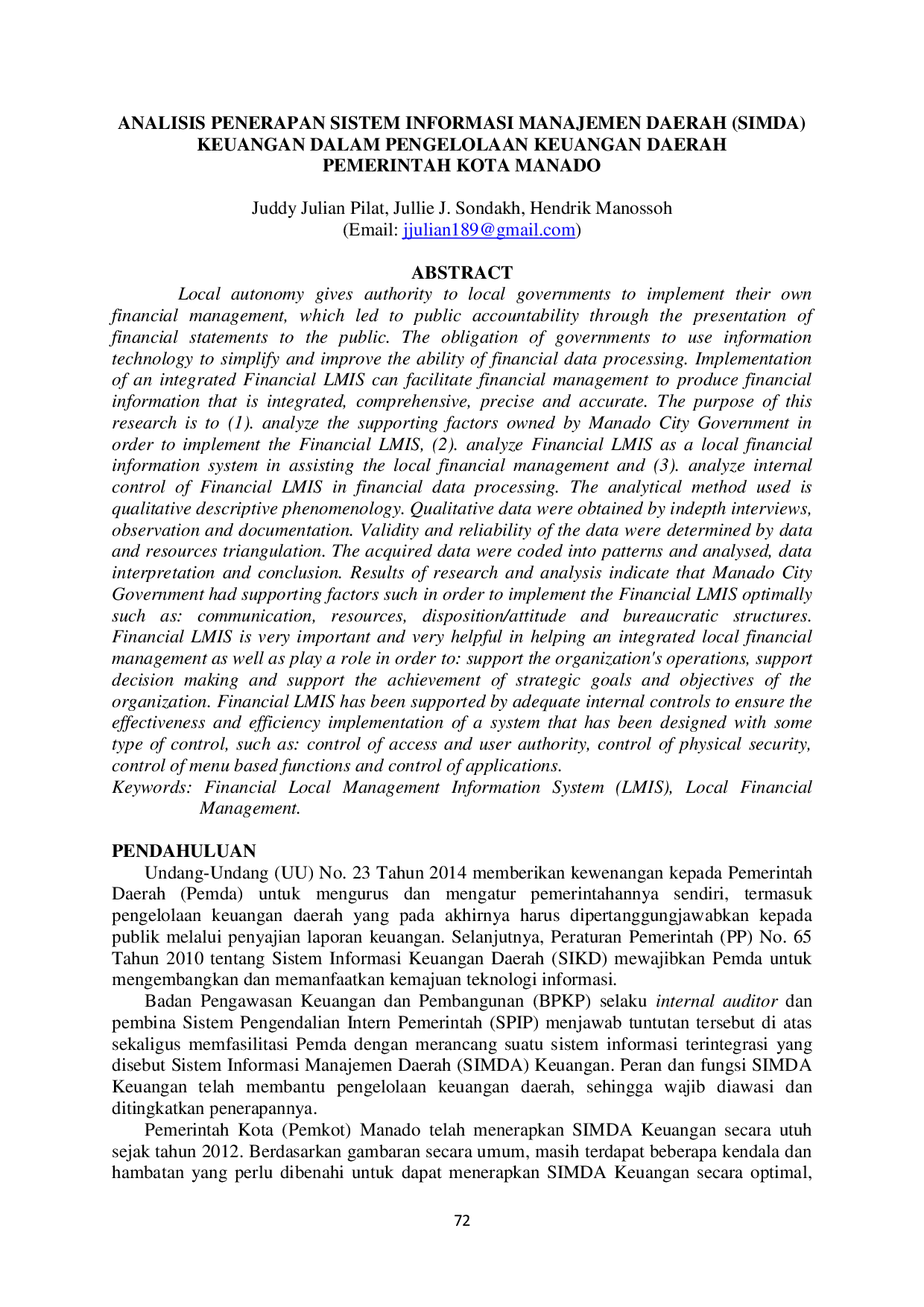 JURIS Analisis Penerapan Sistem Informasi Manajemen Daerah SIMDA Keuangan dalam Pengelolaan Keuangan Daerah Pemerintah Kota Manado