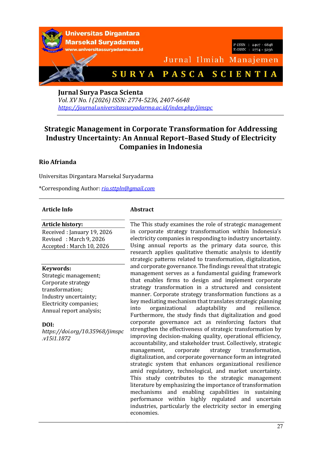 JURIS Strategic Management in Corporate Transformation for Addressing Industry Uncertainty An Annual Report Based Study of Electricity Companies in Indonesia