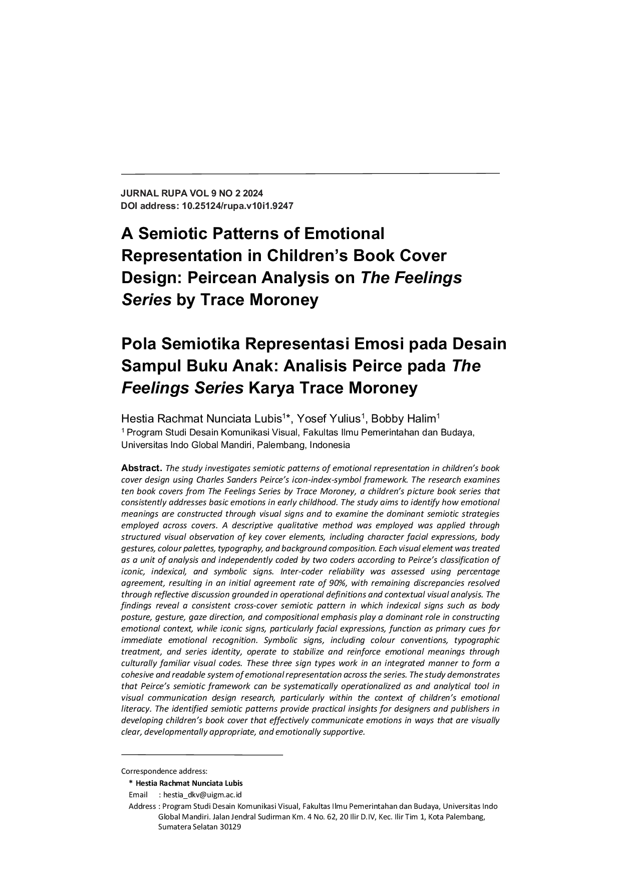 JURIS A Semiotic Patterns of Emotional Representation in Children s Book Cover Design Peircean Analysis on The Feelings Series by Trace Moroney