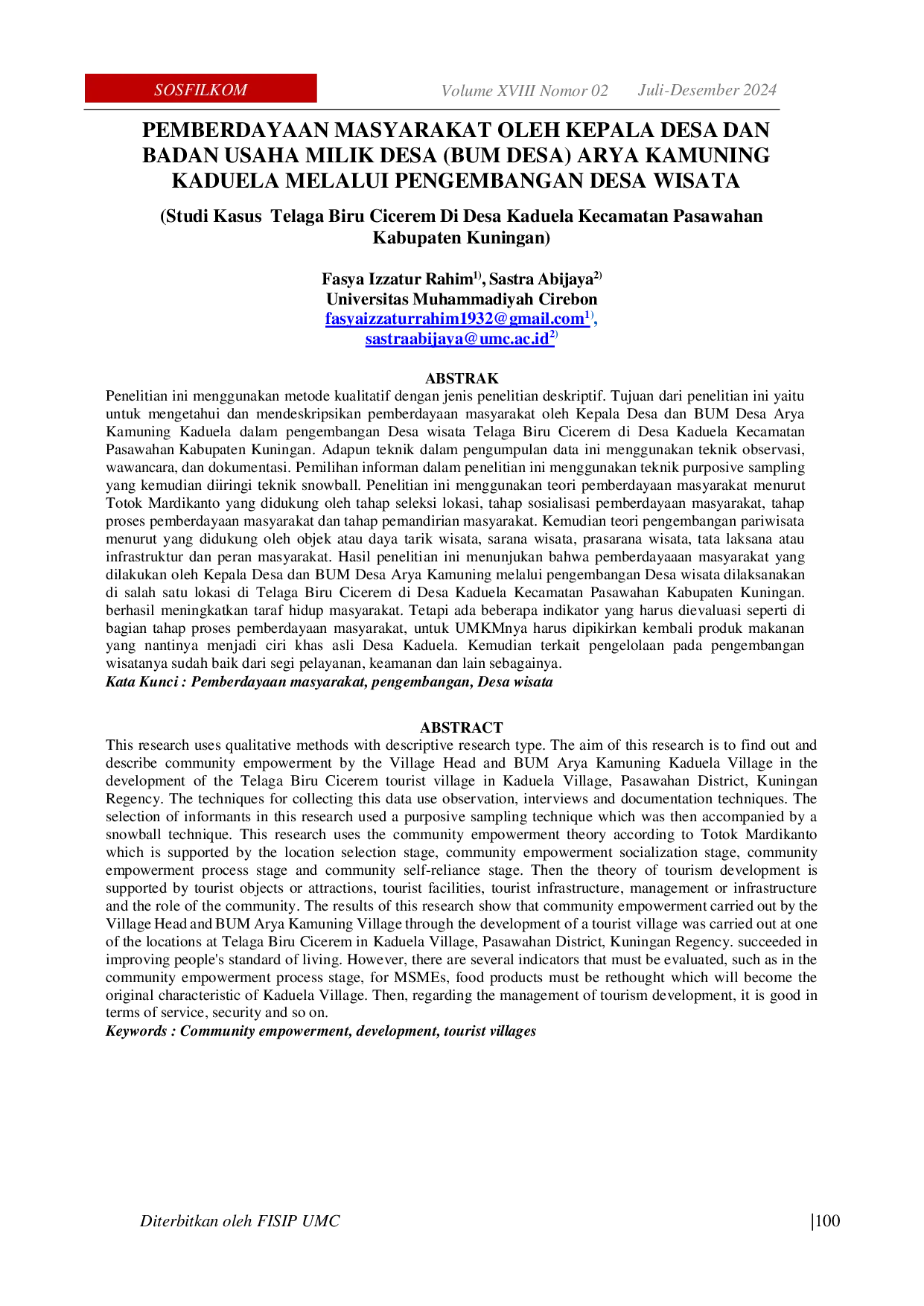 JURIS PEMBERDAYAAN MASYARAKAT OLEH KEPALA DESA DAN BADAN USAHA MILIK DESA BUM DESA ARYA KAMUNING KADUELA MELALUI PENGEMBANGAN DESA WISATA Studi Kasus Telaga Biru Cicerem Di Desa Kaduela Kecamatan Pasawa