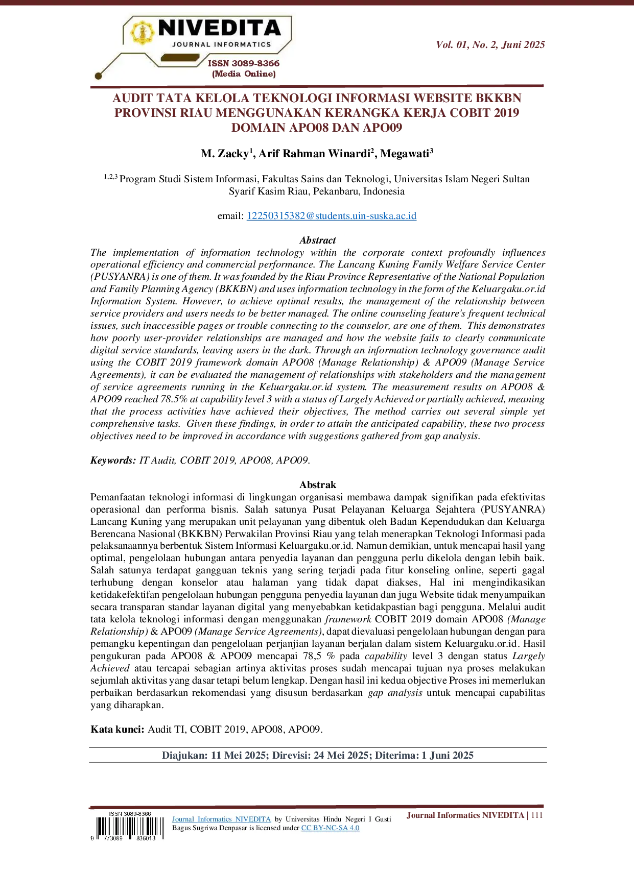 juris Audit Tata Kelola Teknologi Informasi Website BKKBN Provinsi Riau Menggunakan Kerangka Kerja COBIT 2019 Domain APO08 dan APO09