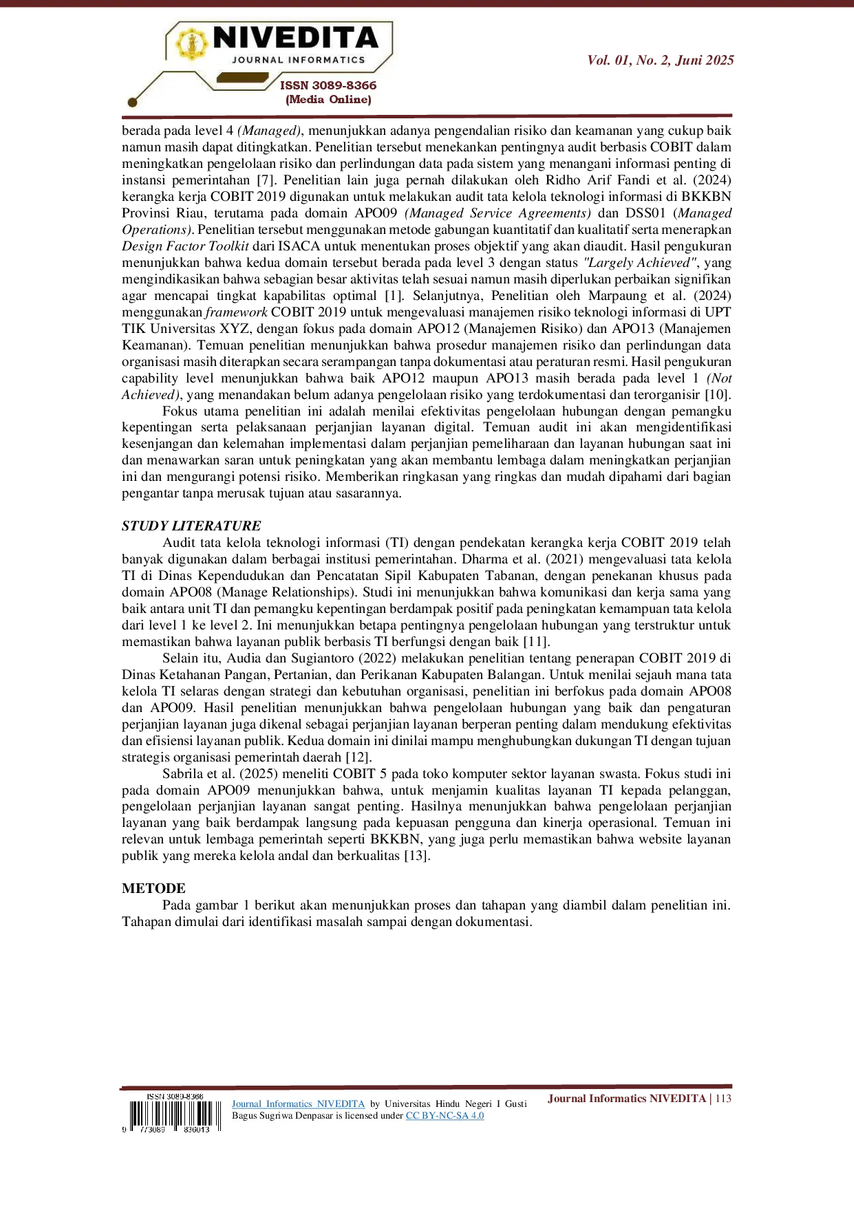 juris Audit Tata Kelola Teknologi Informasi Website BKKBN Provinsi Riau Menggunakan Kerangka Kerja COBIT 2019 Domain APO08 dan APO09