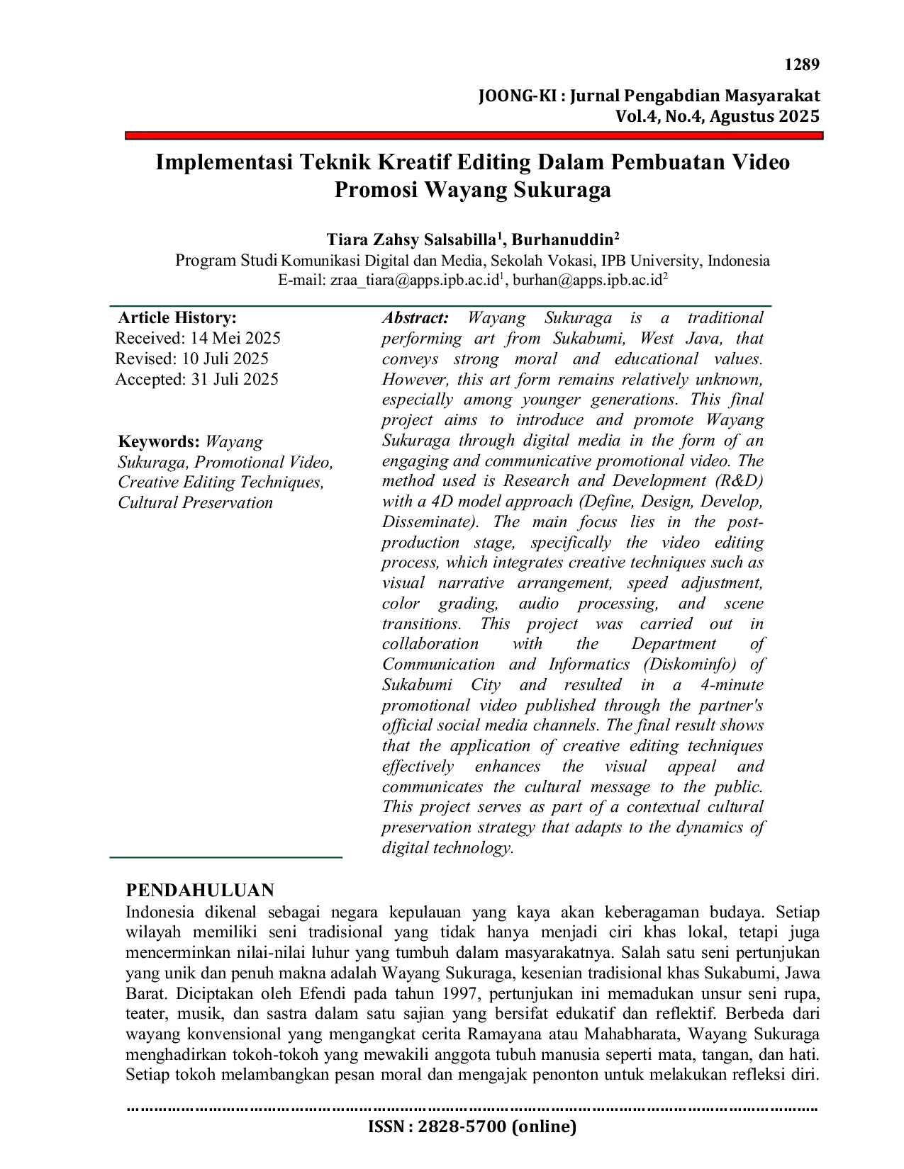 JURIS Implementasi Teknik Kreatif Editing Dalam Pembuatan Video Promosi Wayang Sukuraga