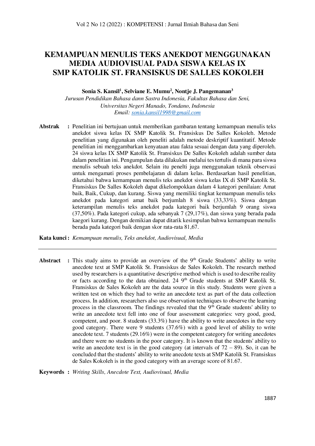 JURIS Kemampuan Menulis Teks Anekdot Menggunakan Media Audiovisual Pada Siswa Kelas IX SMP Katolik St Fransiskus De Salles Kokoleh