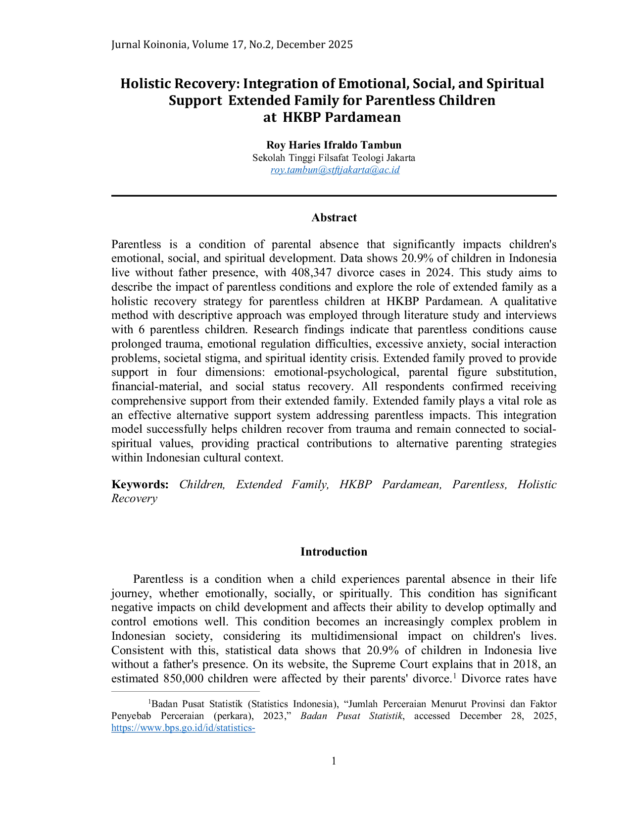JURIS Holistic Recovery Integration of Emotional Social and Spiritual Support Extended Family for Parentless Children at HKBP Pardamean