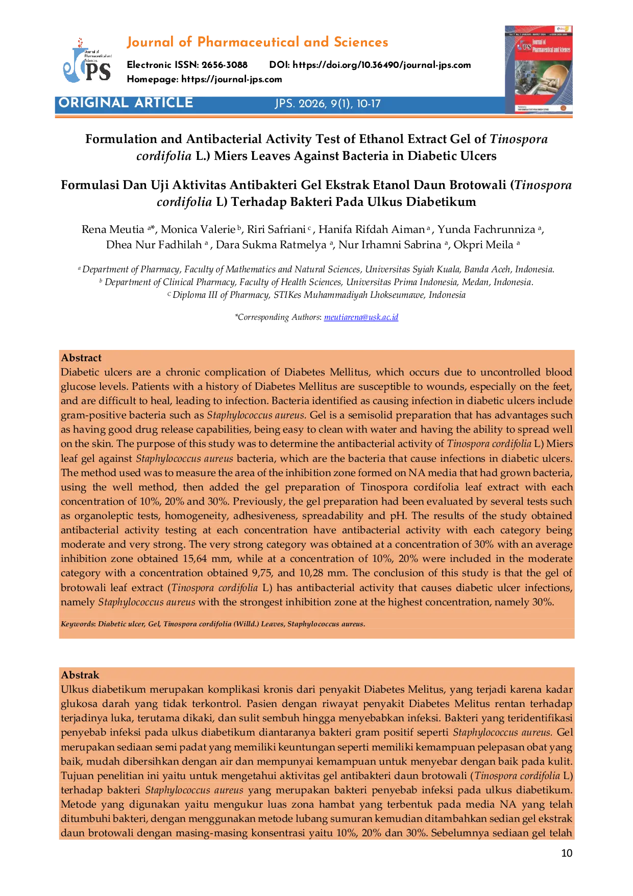 JURIS Formulasi Dan Uji Aktivitas Antibakteri Gel Ekstrak Etanol Daun Brotowali Tinospora cordifolia Willd Miers Terhadap Bakteri Pada Ulkus Diabetikum