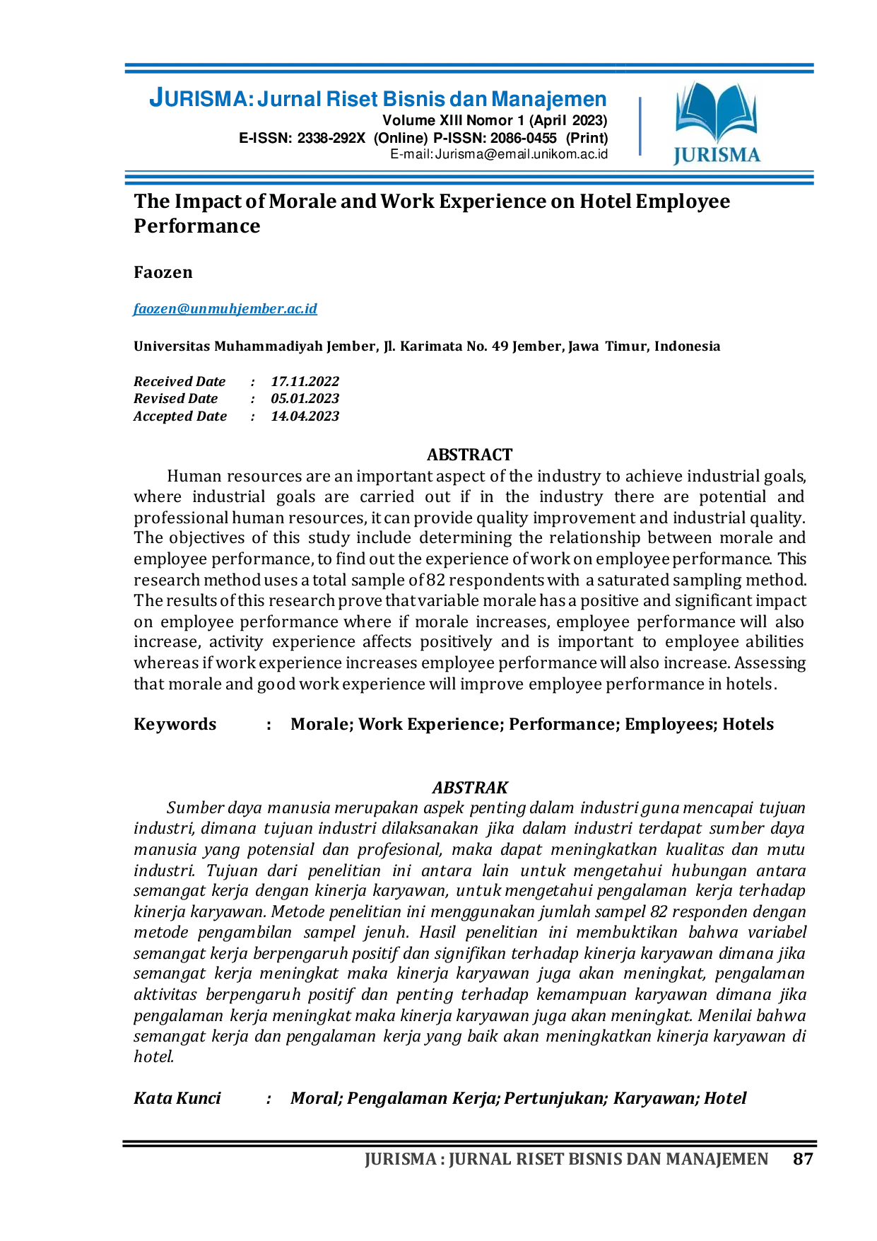 JURIS The Impact of Morale and Work Experience on Hotel Employee Performance