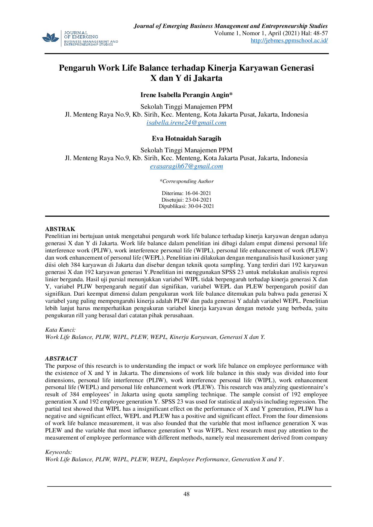 JURIS Pengaruh Work Life Balance terhadap Kinerja Karyawan Generasi X dan Y di Jakarta