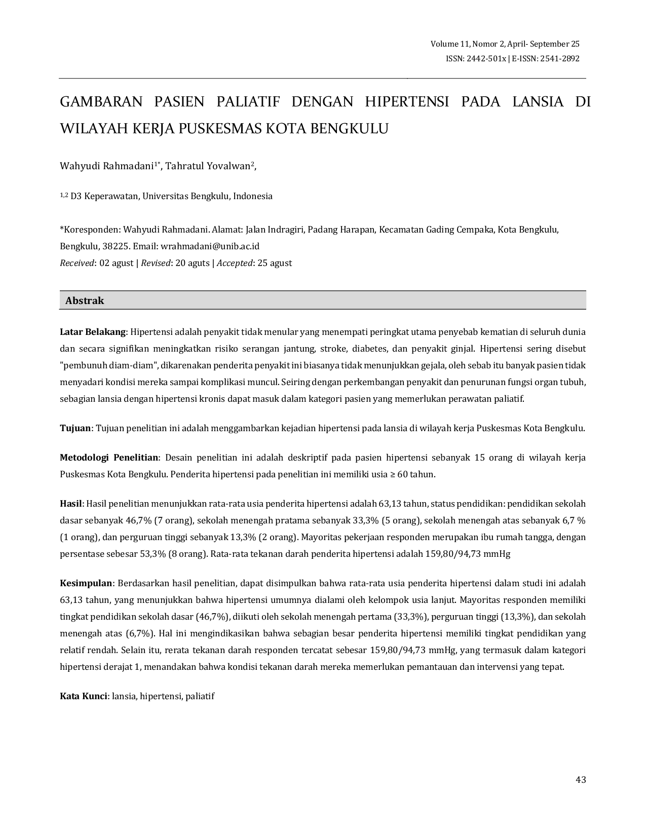JURIS Gambaran Pasien Paliatif Dengan Hipertensi Pada Lansia Di Wilayah Kerja Puskesmas Kota Bengkulu