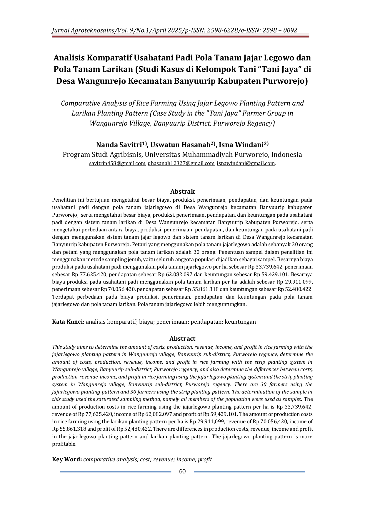 JURIS Analisis Komparatif Usahatani Padi Menggunakan Pola Tanam Jajar Legowo dan Pola Tanam Larikan Studi Kasus di Kelompok Tani Tani Jaya di Desa Wangunrejo Kecamatan Banyuurip Kabupaten Purworejo