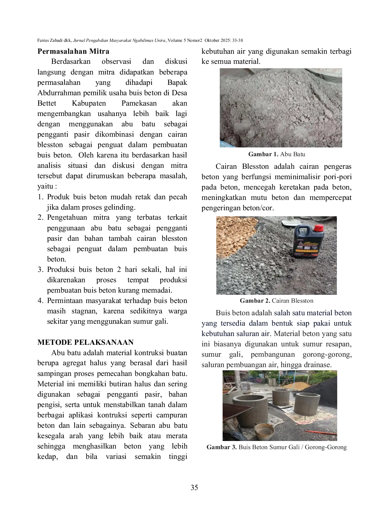 JURIS Pemanfaatan Abu Batu dengan Penambahan Cairan Blesston dalam Pembuatan Buis Beton di Desa Bettet Kabupaten Pamekasan