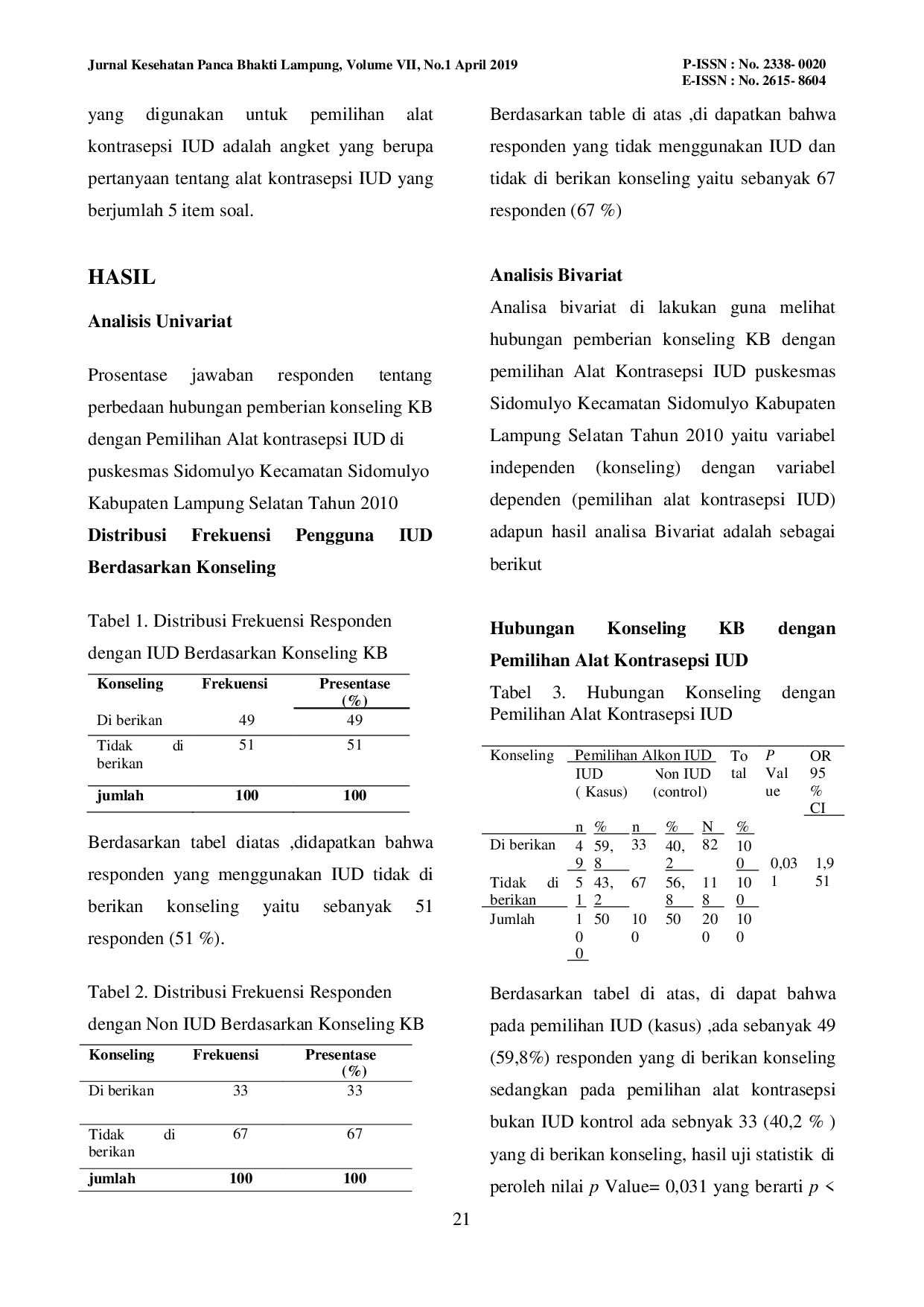 JURIS Hubungan Pemberian Konseling KB Dengan Pemilihan Alat Kontrasepsi IUD