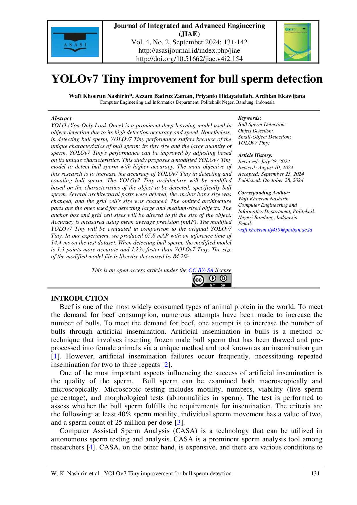 JURIS YOLOv7 Tiny improvement for bull sperm detection