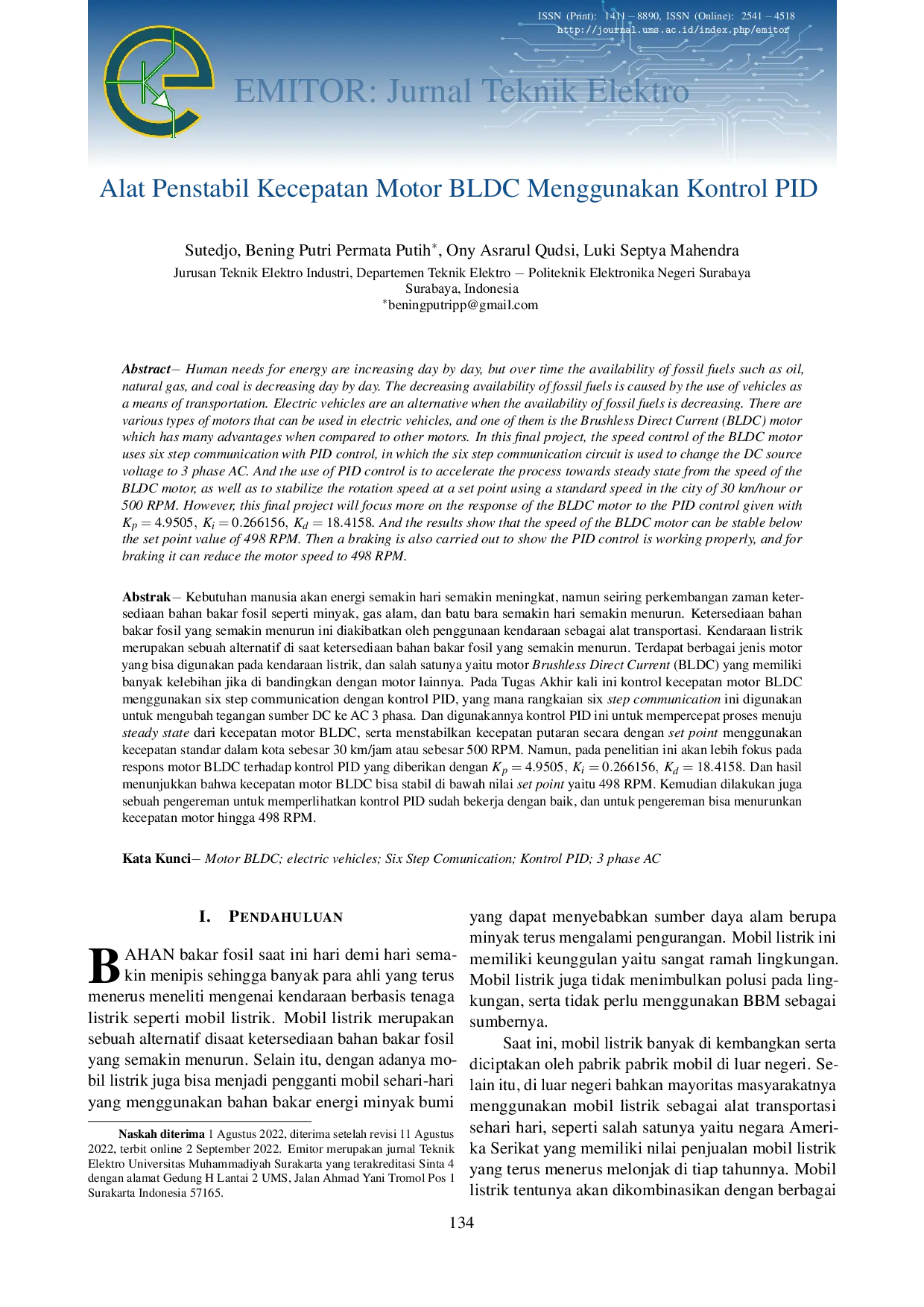 JURIS Alat Penstabil Kecepatan Motor BLDC Menggunakan Kontrol PID