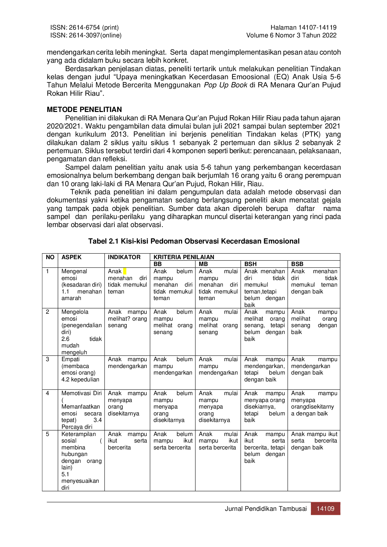JURIS Upaya Peningkatan Kecerdasan Emosional EQ pada Anak Usia 5 6 Tahun Melalui Metode Bercerita Menggunakan Pop Up Book di RA Menara Qur an Pujud Rokan Hilir Riau