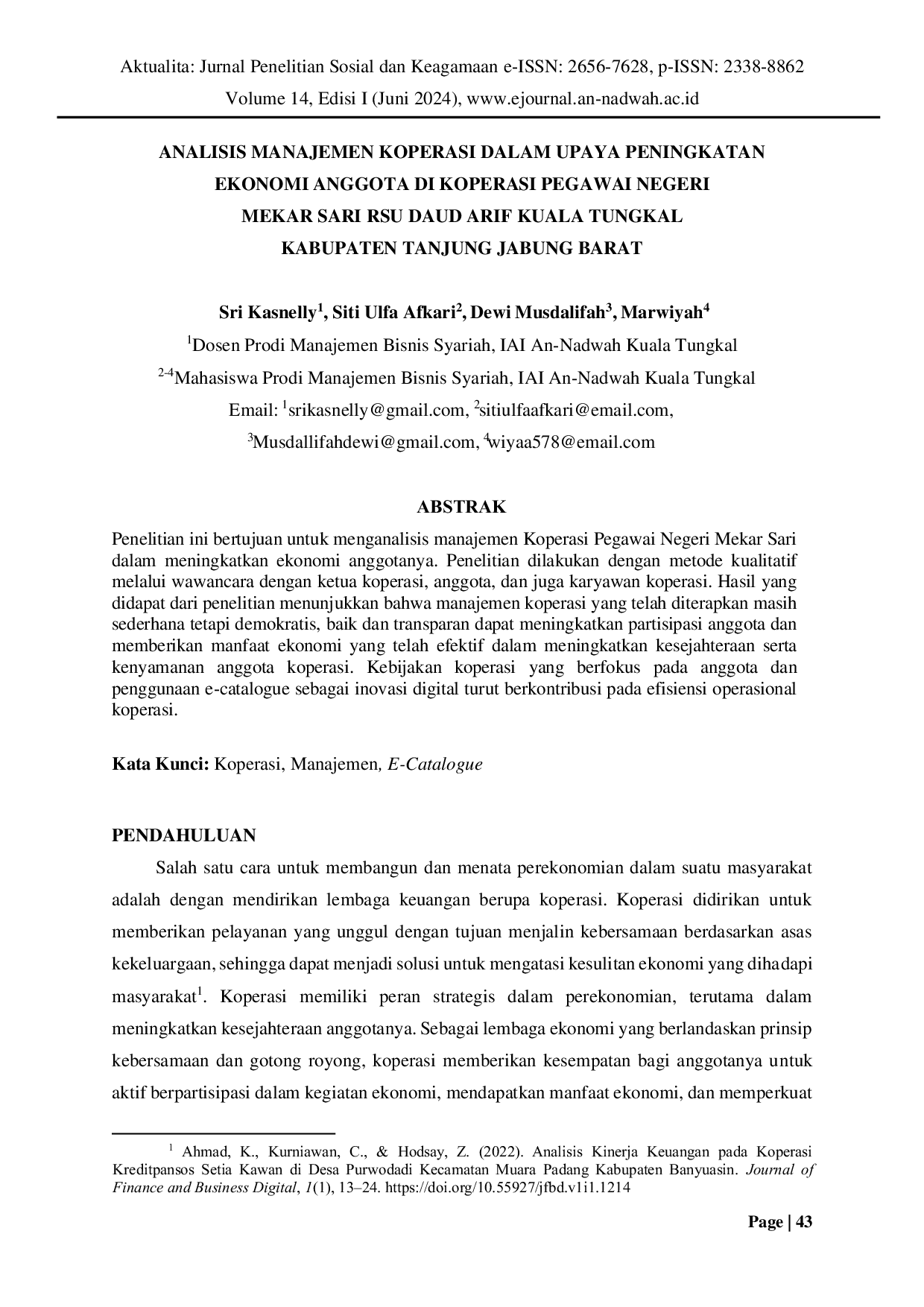 JURIS Analisis Manajemen Koperasi Dalam Upaya Peningkatan Ekonomi Anggota Di Koperasi Pegawai Negeri Mekar Sari RSU Daud Arif Kuala Tungkal Kabupaten Tanjung Jabung Barat