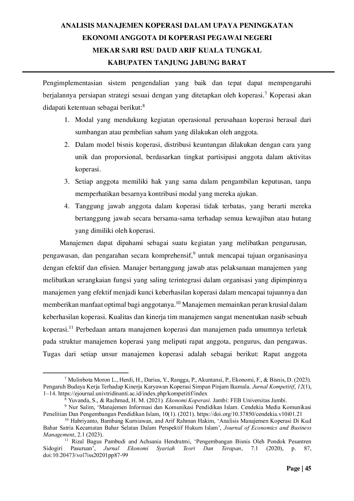 JURIS Analisis Manajemen Koperasi Dalam Upaya Peningkatan Ekonomi Anggota Di Koperasi Pegawai Negeri Mekar Sari RSU Daud Arif Kuala Tungkal Kabupaten Tanjung Jabung Barat