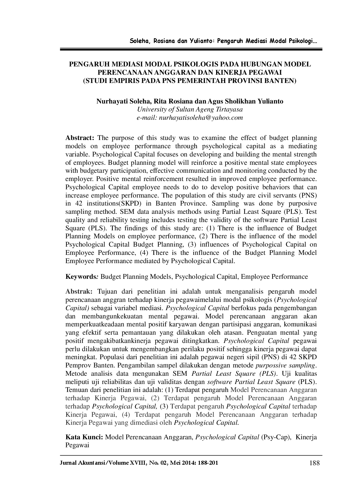 juris Pengaruh Mediasi Modal Psikologis Pada Hubungan Model Perencanaan Anggaran Dan Kinerja Pegawai Studi Empiris Pada Pns Pemerintah Provinsi Banten