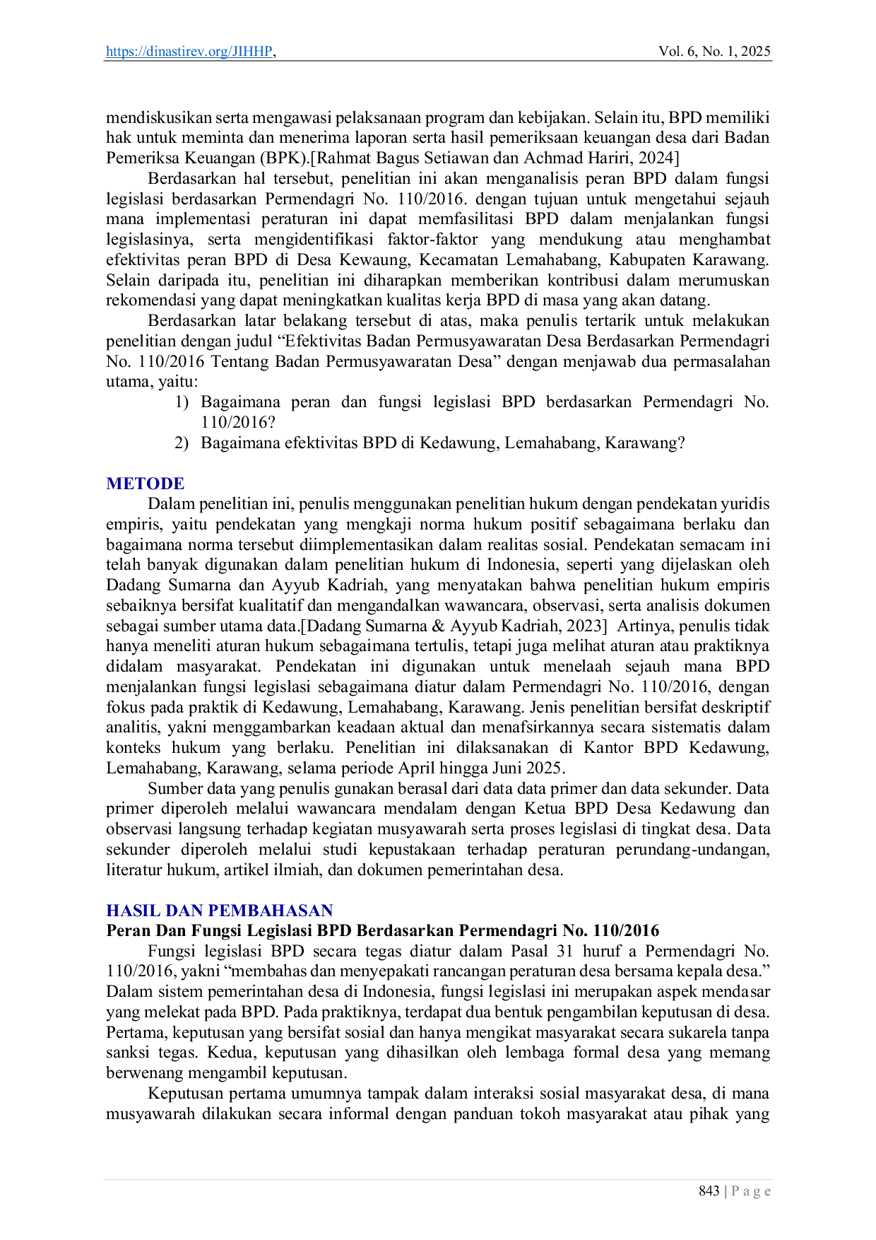 JURIS Efektivitas Badan Permusyawaratan Desa Berdasarkan Permendagri No 110 2016 Tentang Badan Permusyawaratan Desa