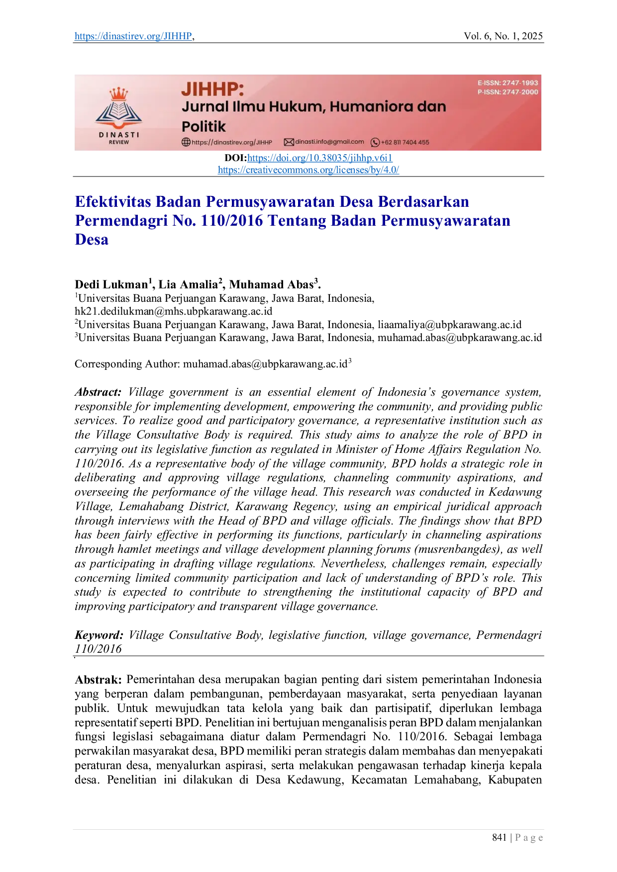 JURIS Efektivitas Badan Permusyawaratan Desa Berdasarkan Permendagri No 110 2016 Tentang Badan Permusyawaratan Desa