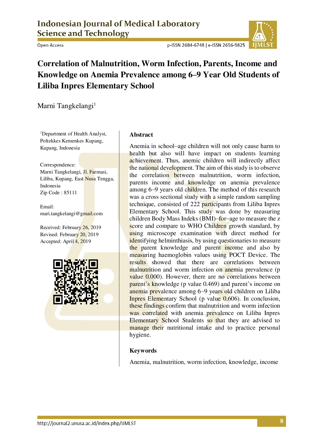 juris Correlation of Malnutrition Worm Infection Parents Income and Knowledge on Anemia Prevalence Among 6 9 Year Old Students of Liliba Inpres Elementary School