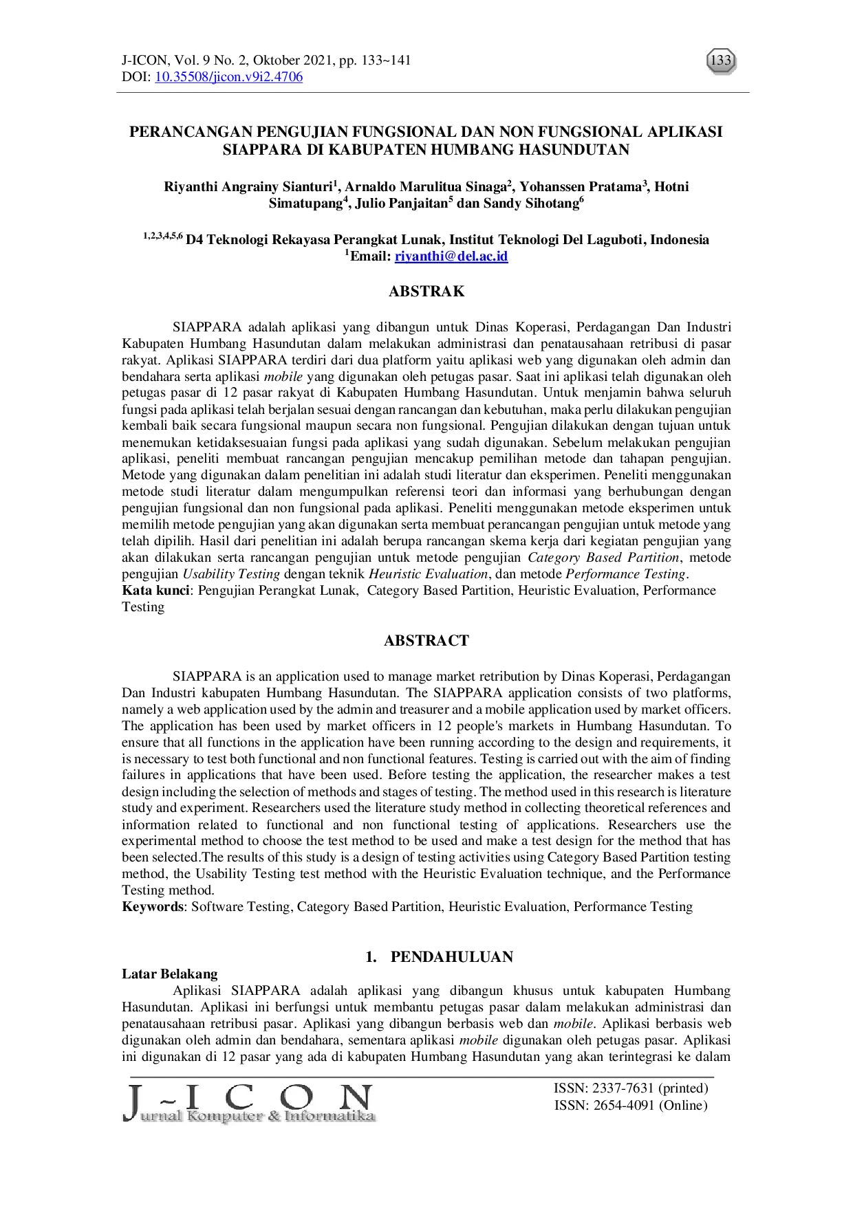 JURIS Perancangan Pengujian Fungsional dan Non Fungsional Aplikasi SIAPPARA di Kabupaten Humbang Hasundutan