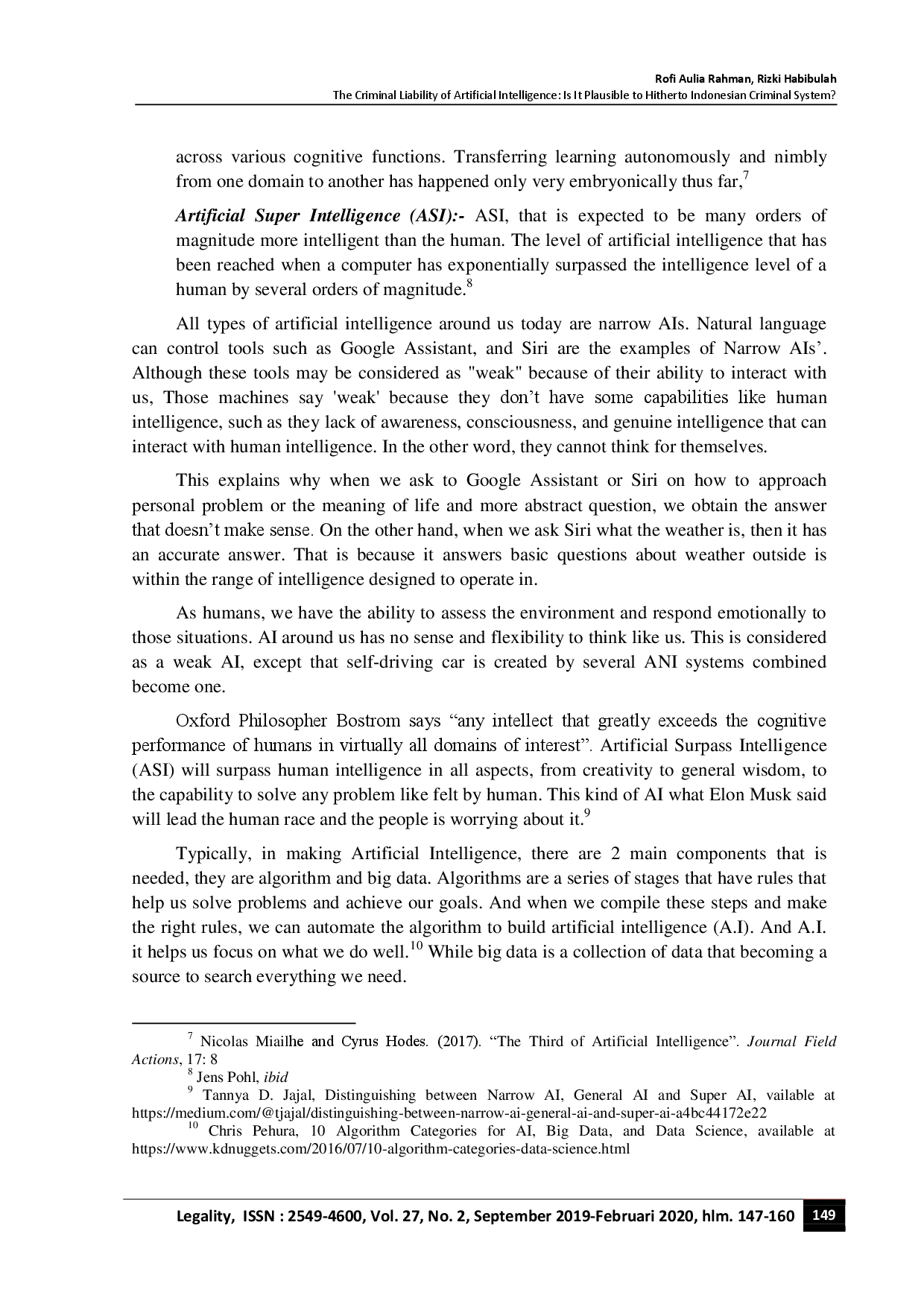 juris The Criminal Liability of Artificial Intelligence Is It Plausible to Hitherto Indonesian Criminal System