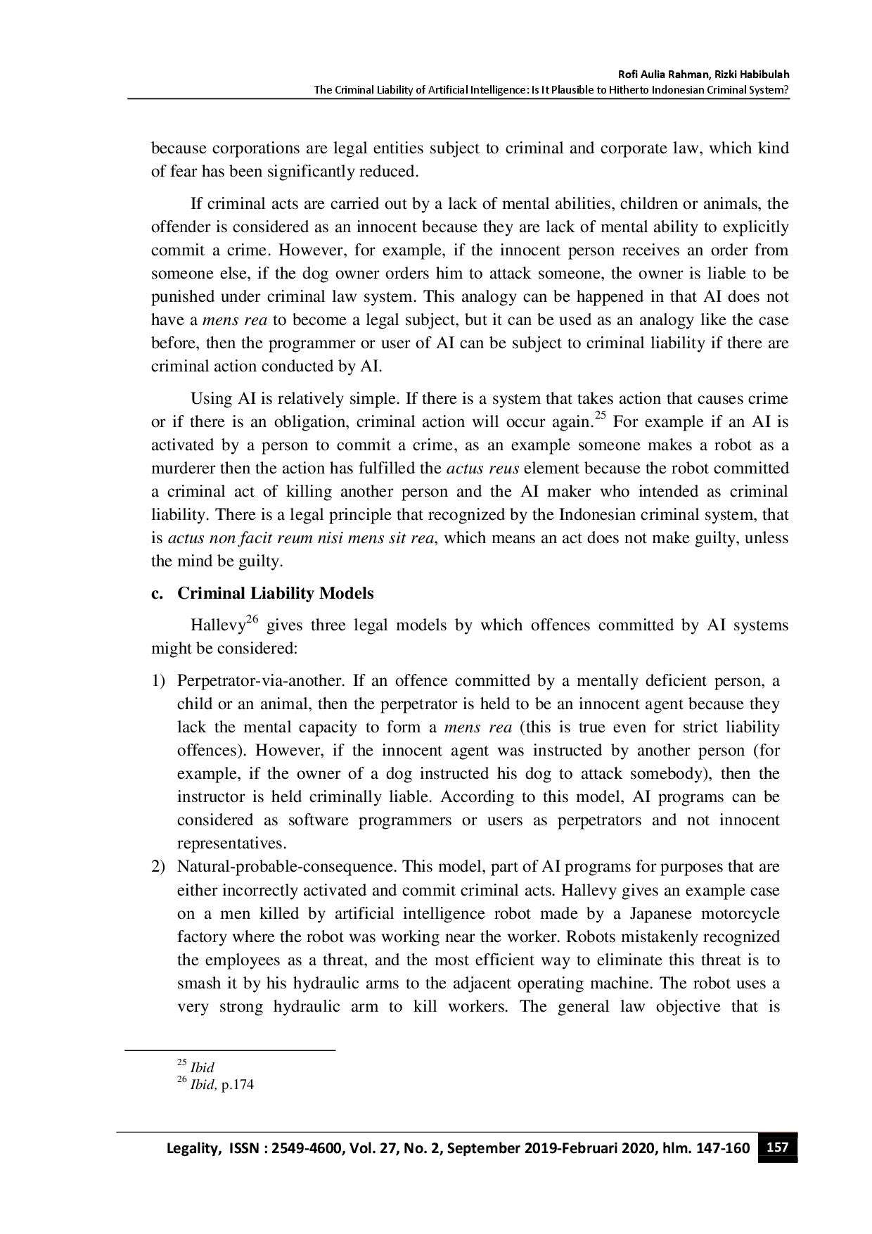 juris The Criminal Liability of Artificial Intelligence Is It Plausible to Hitherto Indonesian Criminal System