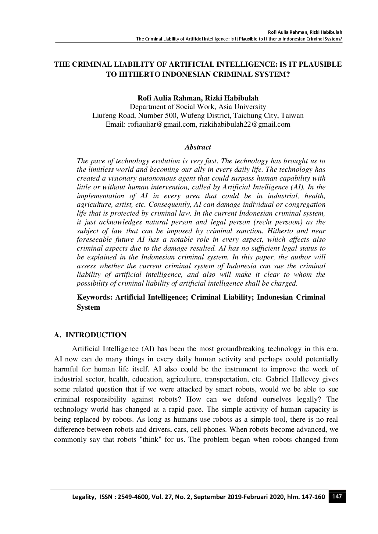 juris The Criminal Liability of Artificial Intelligence Is It Plausible to Hitherto Indonesian Criminal System